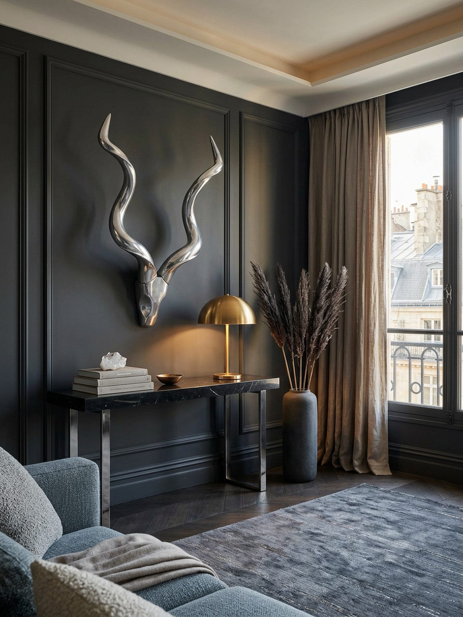 KADIMA DESIGN Wanddekoobjekt Deko Hirschgeweih L Aluminium Wanddeko 80 cm Landhausstil Silber (Metall modern, Design Hirschkopf Landhaus Geweih Wand groß, Wohndeko)