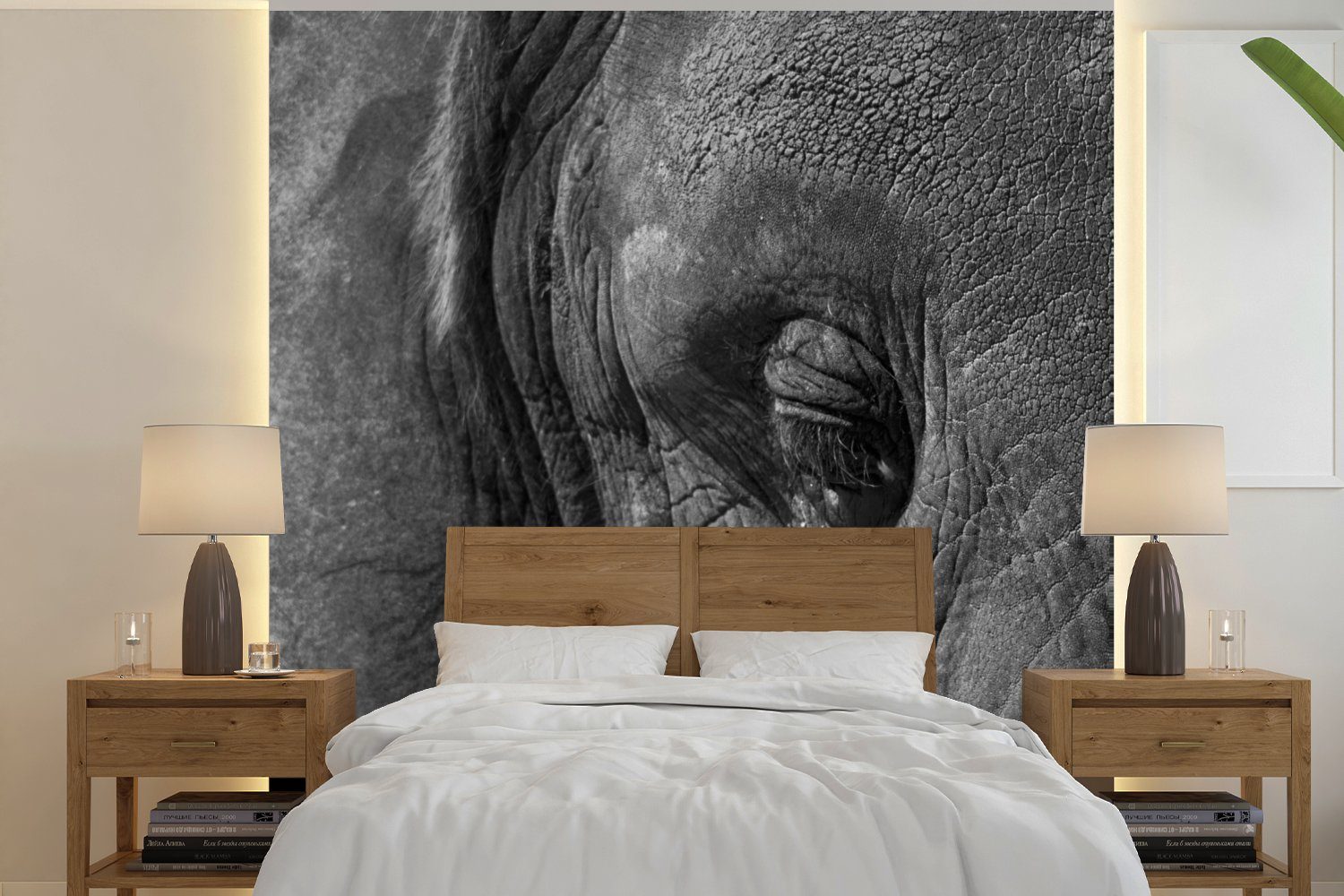 Vliestapete Küche, Elefant und - weiß, Fototapete - Schlafzimmer Wohnzimmer Nahaufnahme für MuchoWow St), bedruckt, - (4 Matt, Tiere Schwarz Fototapete