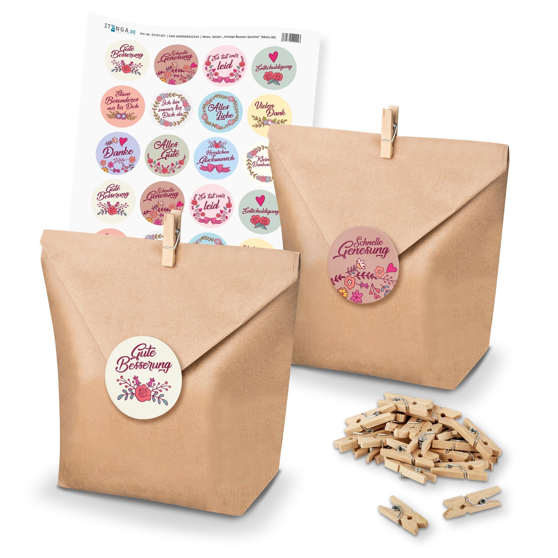 itenga Geschenkpapier itenga SET Geschenktüten Vintage Blumen Sprüche (Motiv 66) 24 x Tüten
