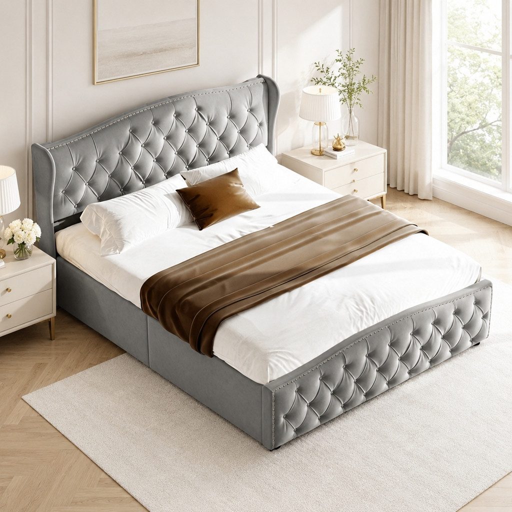 Simurq Polsterbett Doppelbett Stauraumbett 140x200 cm mit Bettkasten (1-tlg, Bettgestell 140x200 mit Kopfteil), Jugendbett mit Lattenrost, Leises Design Bett, Samtstoff
