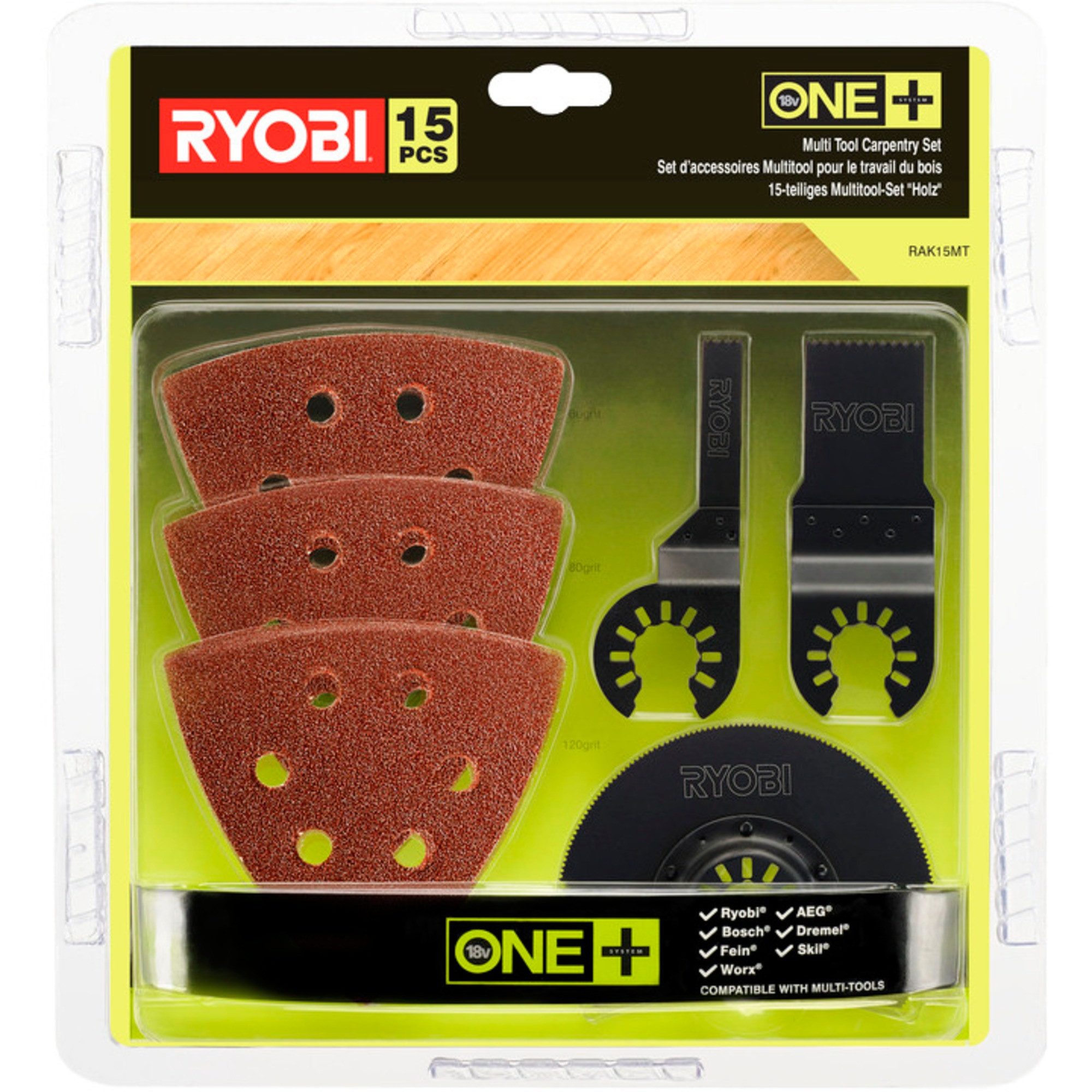 Ryobi Multitool Schleif- und Sägeblatt-Set RAK15MT, 15-teilig, für Multitool