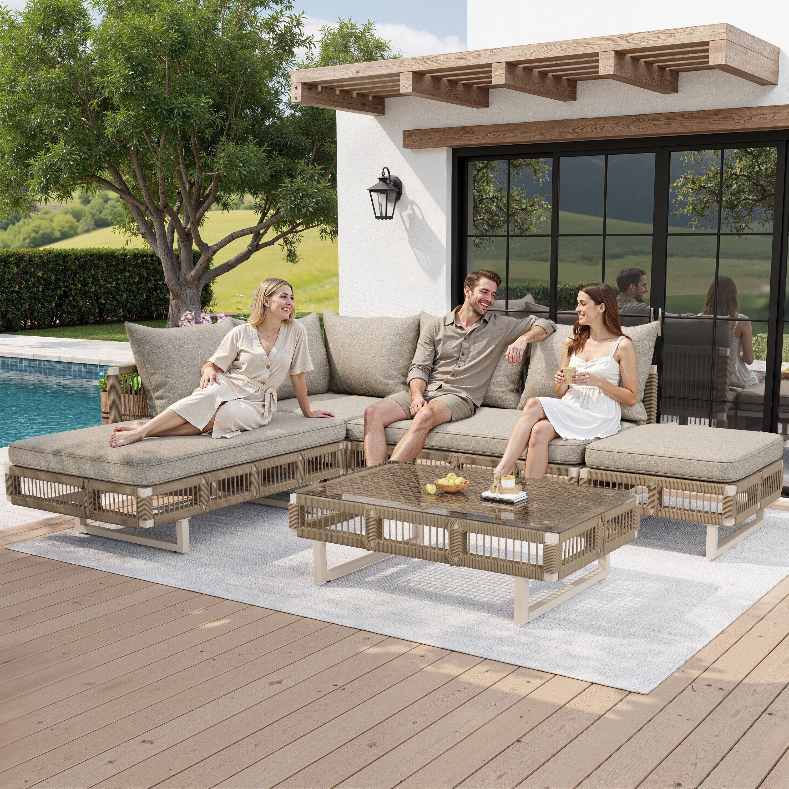 Merax Gartenlounge-Set Seilgeflecht Terrassenmöbel Gartenmöbel mit verstellbaren Füßen, (Wetterfest, 5-tlg., für Terrasse Balkon Pool), 6-Sitzer Sitzgruppe mit Sofa, Ecksofa, Hocker und Glas-Couchtisch