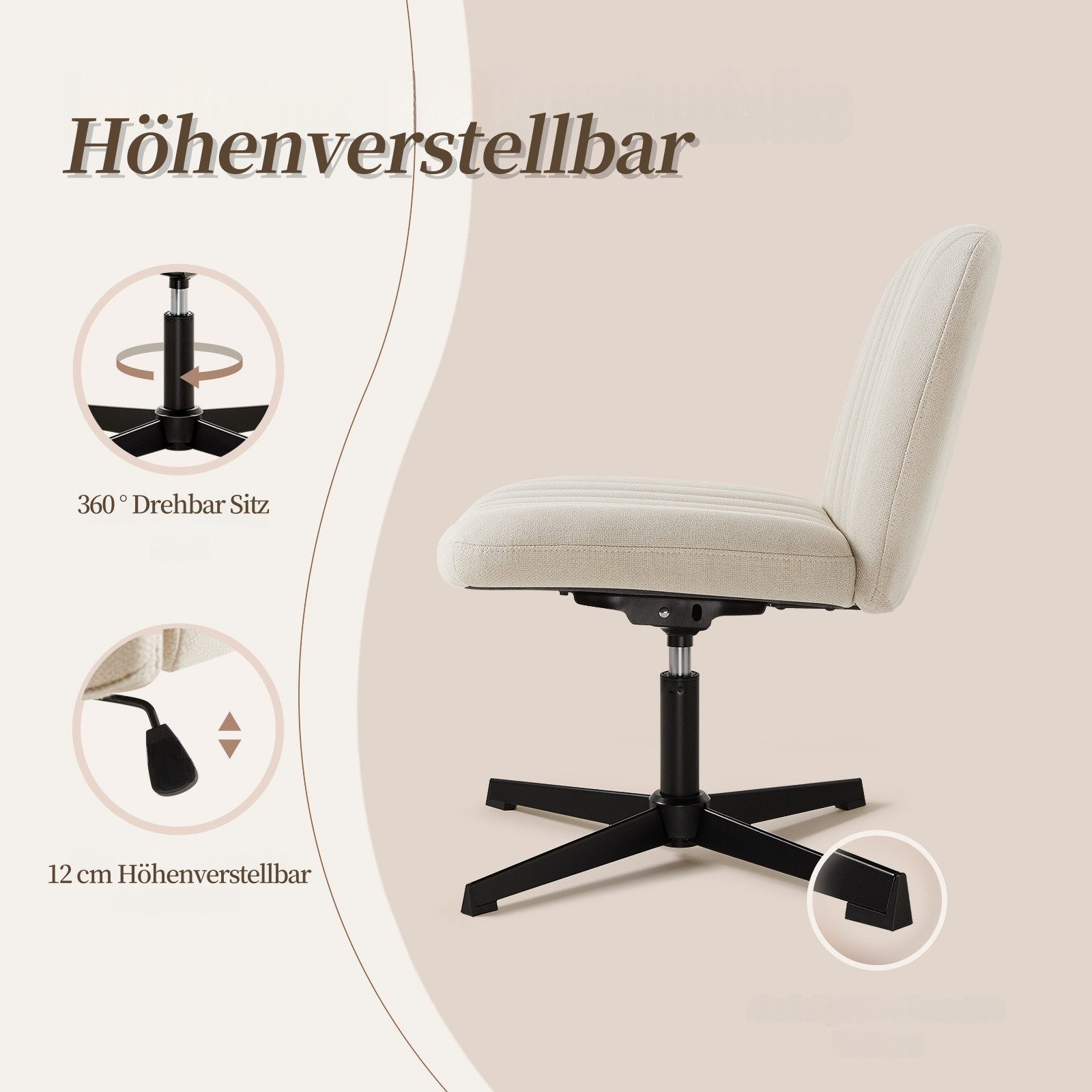 Intimate WM Heart Bürostuhl Ohne Armlehnen, Ergonomischer Schreibtischstuhl (Lesesessel mit 10cm dickem Sitzkissen), Drehstuhl Ohne Rollen, Höhenverstellbar Stuhl