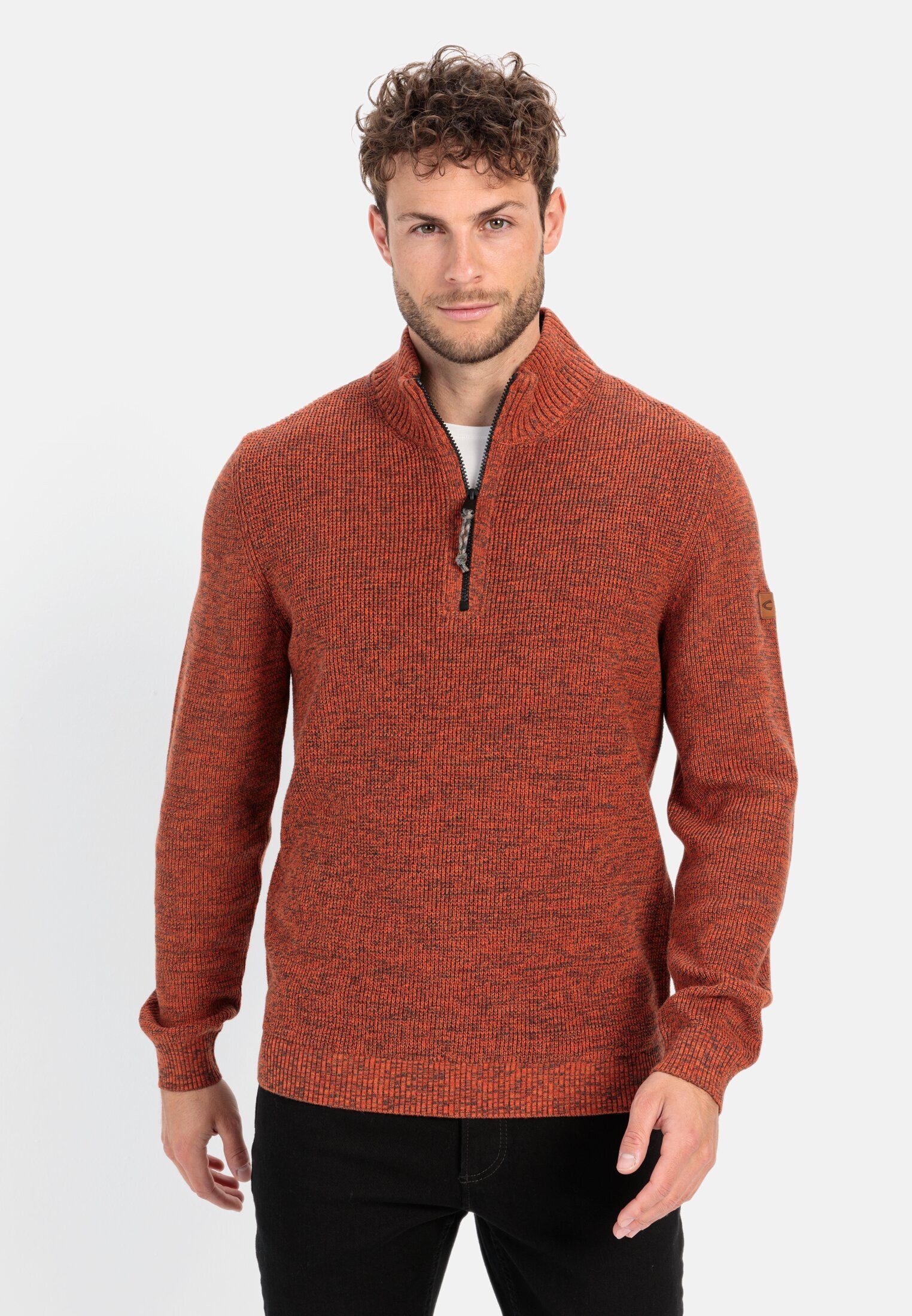 camel active Strickpullover aus Baumwollmix Langarm Troyer Markenlogo günstig online kaufen