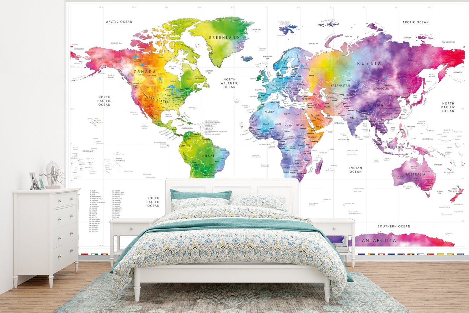 MuchoWow Fototapete Weltkarte - Aquarell - Regenbogen - Flagge, Matt, bedruckt, (6 St), Wallpaper für Wohnzimmer, Schlafzimmer, Kinderzimmer, Vinyl Tapete | Fototapeten