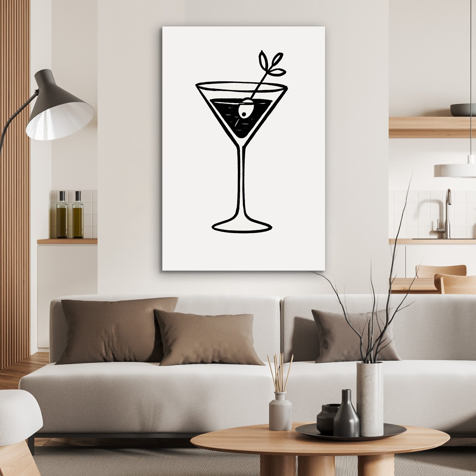 MuchoWow Metallbild Cocktail - Glas - Olive - Minimalistisch, Inkl. Aufhängung, Alu-Dibond-Druck, Dekoration aus Metall, Aluminium deko, 80x120 cm