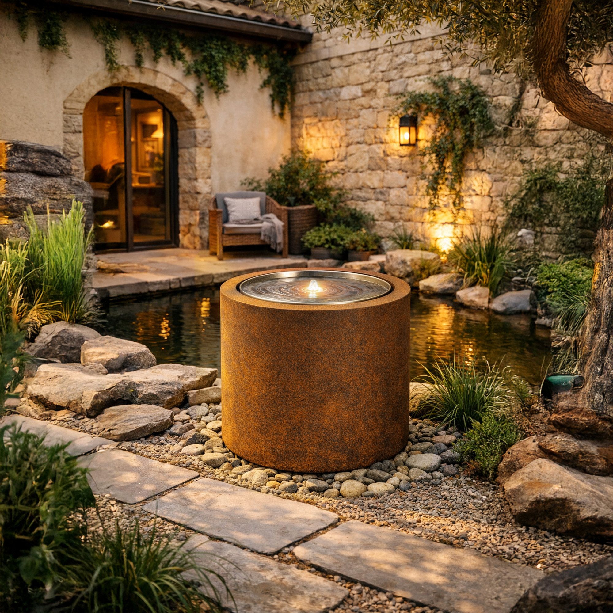 Gartenbrunnen Gartenbrunnen ORBIS rund Cortenstahl mit LED – für Garten & Terrasse