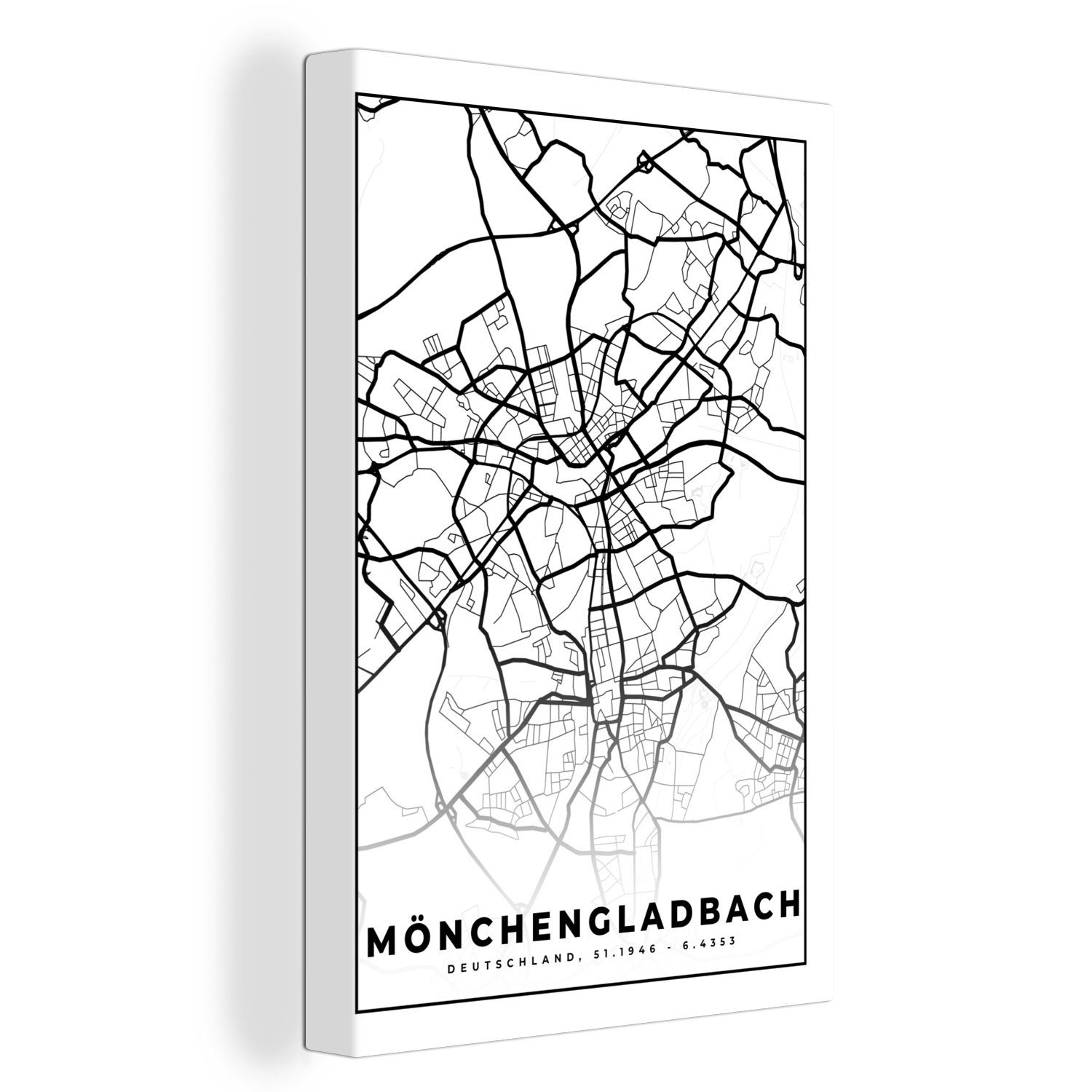 OneMillionCanvasses® Leinwandbild Karte - Mönchengladbach 20x30 St), Gemälde, - (1 Stadtplan, cm Leinwandbild bespannt fertig Zackenaufhänger, inkl