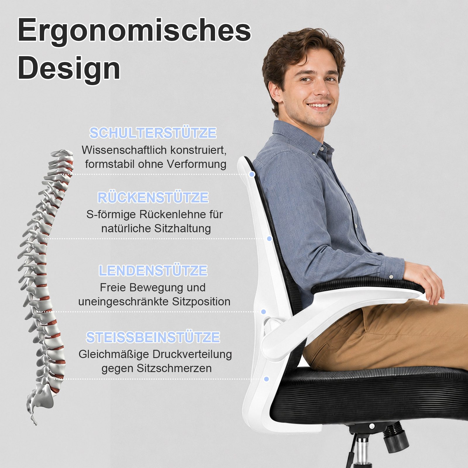 Durrafy Bürostuhl Ergonomischer Bürostuhl,Schreibtischstuhl mit klappbaren Armlehnen (Höhenverstellbarer Drehstuhl mit Wippfunktion bis 130°,Computerstuhl mit verstellbarer Lendenwirbelstütze und leisen Rollen), Chefsessel mit 150 kg Tragfähigkeit