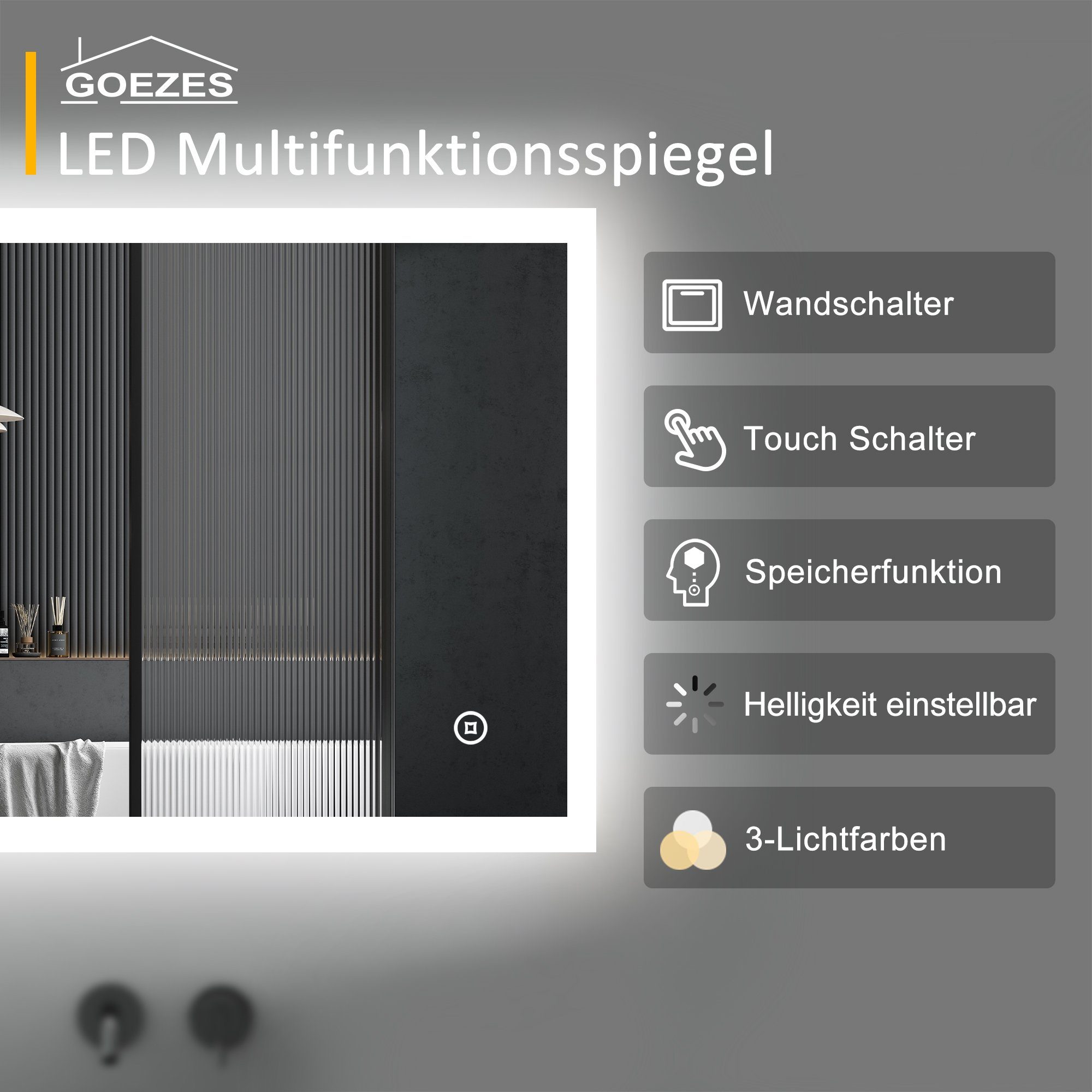 WDWRITTI Badspiegel Wandspiegel Led 80x60 Memory-Funktion 3Lichtfarben Helligkeit dimmbar (Badezimmerspiegel mit Beleuchtung,Spiegel led,Lichtspiegel, 60x80cm), energiesparender,IP44