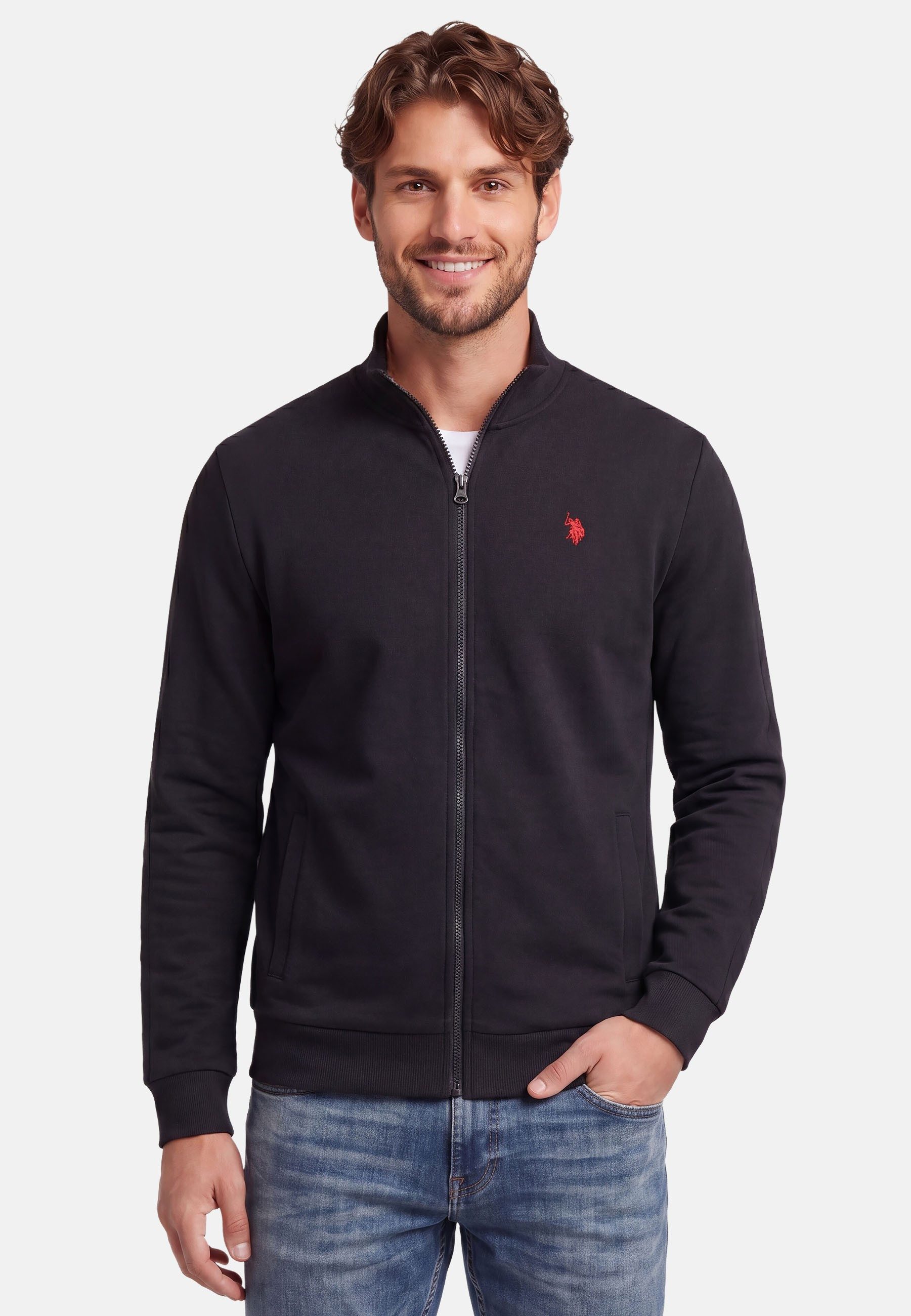 Sweatjacke USTheoo – Herren Zip-Jacke mit Stehkragen und Logo-Stickerei