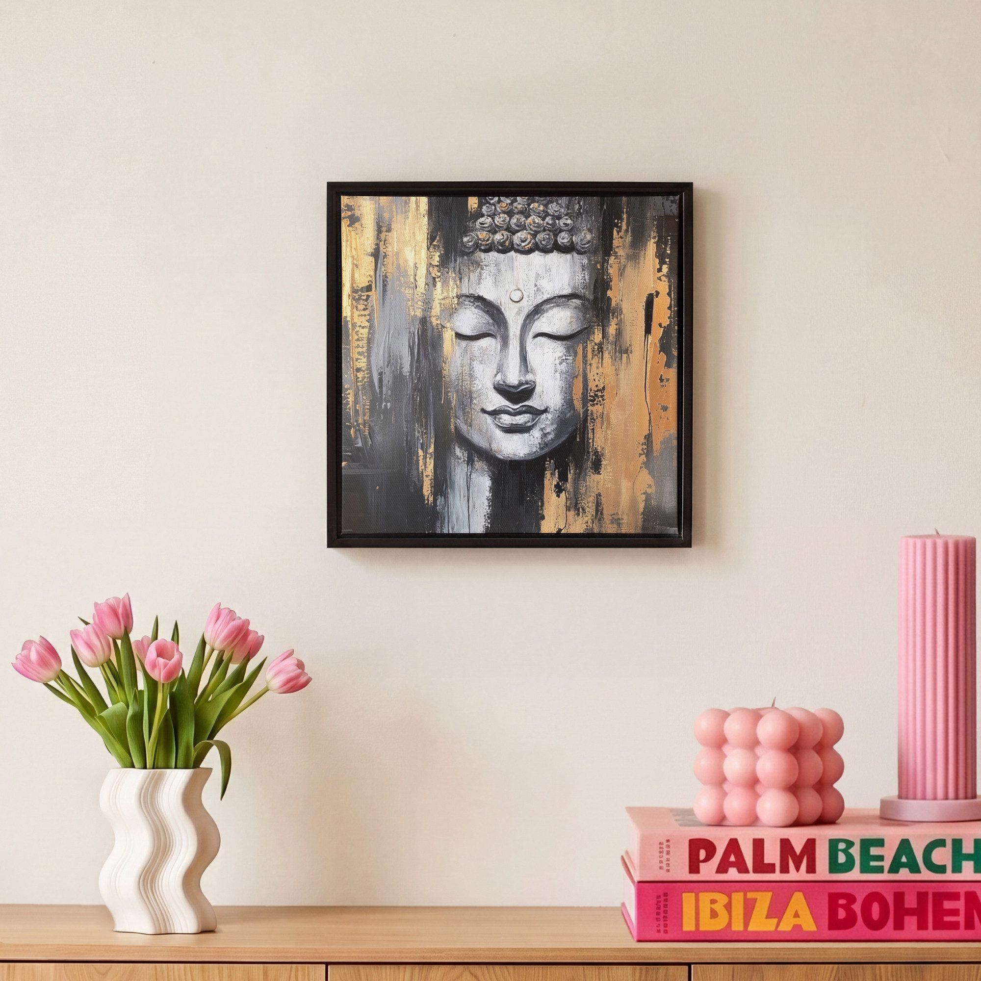 OneMillionCanvasses® Leinwandbild mit Rahmen - Buddha - Pinselstriche - Gold - Abstrakt, Fotodruck (1 St), Leinwand Bilder Klein, Wand Dekoration Aesthetic 20x2 – Bild 4 von 5
