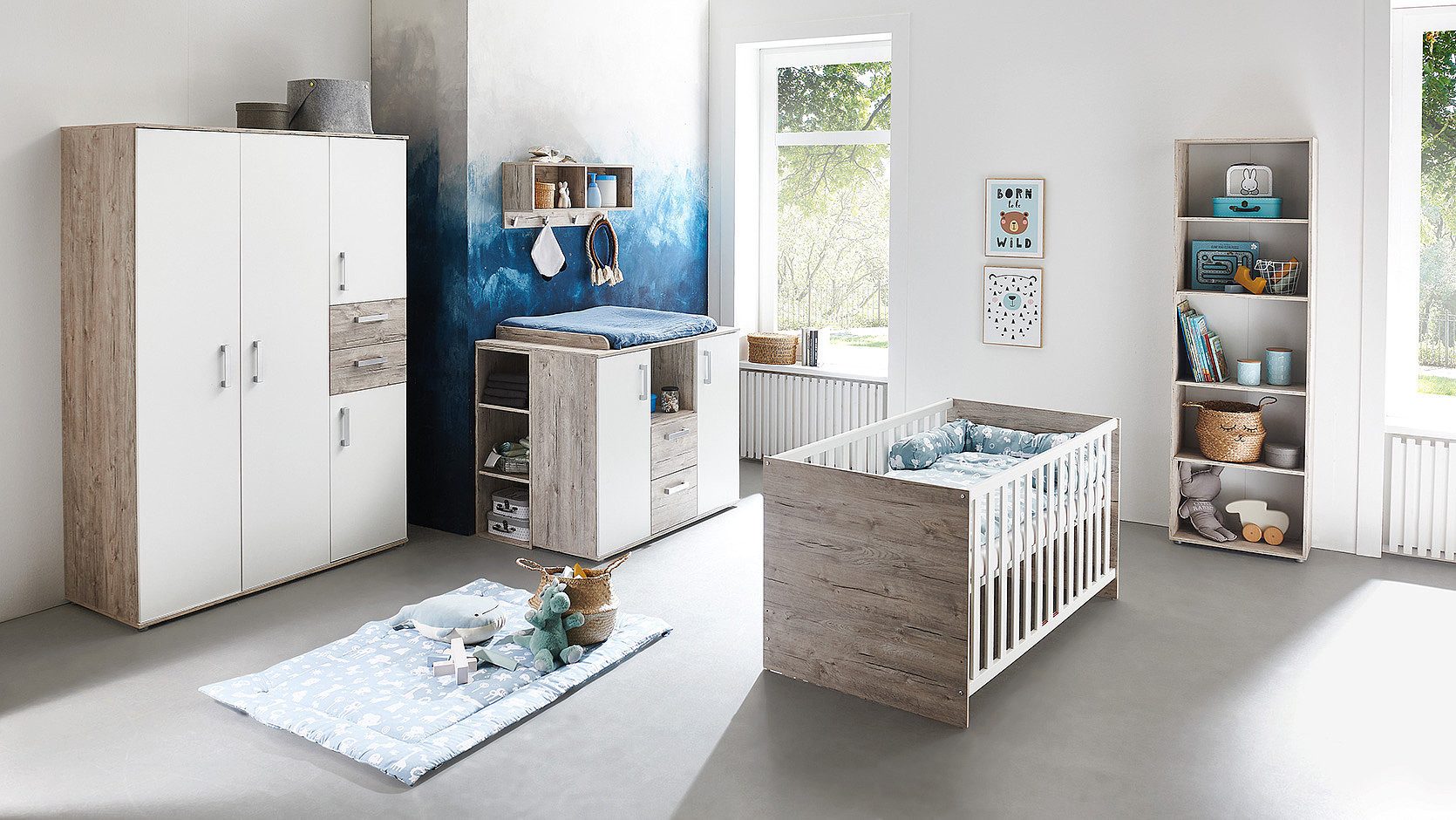 möbel-direkt.de Babyzimmer-Komplettset Bente, (Komplett Set, 6-tlg., Kleiderschrank, Babybett, Umbauseiten, Wickelkommode, Regale), Made in Germany, haptische und pflegeleichte Oberfläche