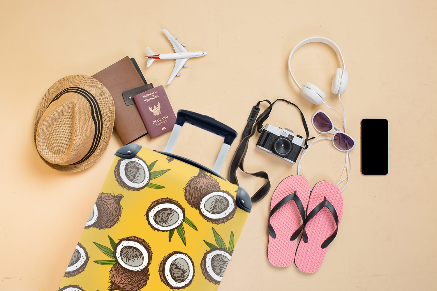 für 4 Kokosnuss MuchoWow Reisetasche Blatt Ferien, - - mit Rollen, Design, Tropisch Trolley, rollen, Hawaii - - Handgepäck Handgepäckkoffer Reisekoffer