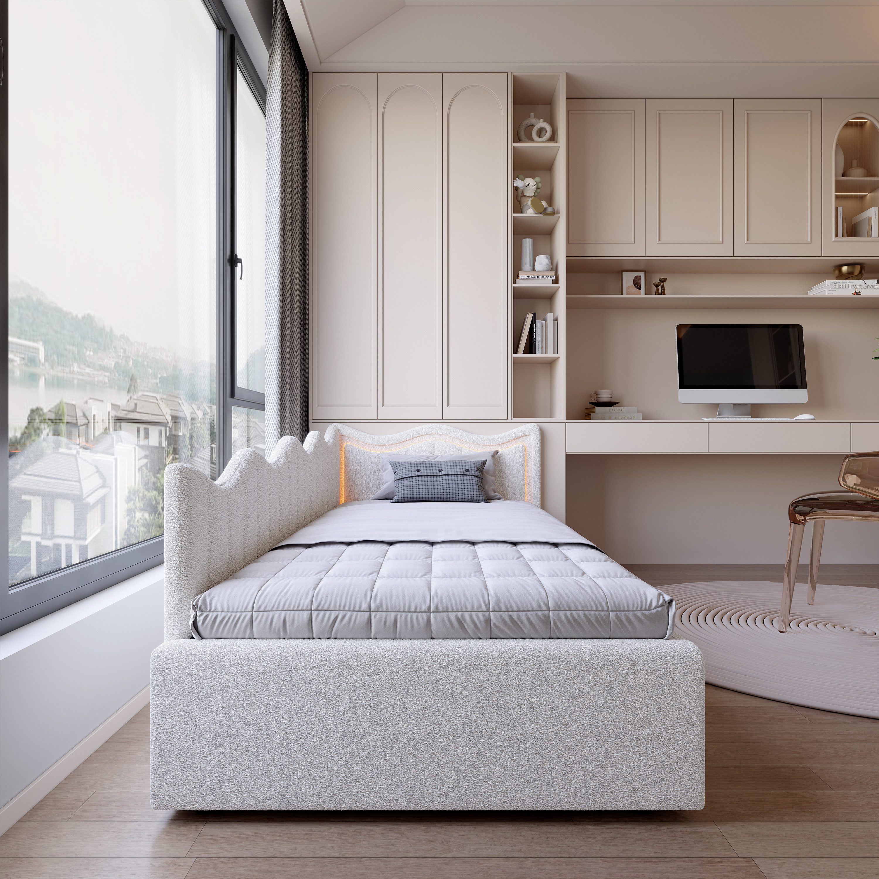 PXloue Polsterbett Schlafsofa Daybett (hydraulischem Stauraum), Jugendbett mit LED-Beleuchtung, Teddysamt, 90x200 cm