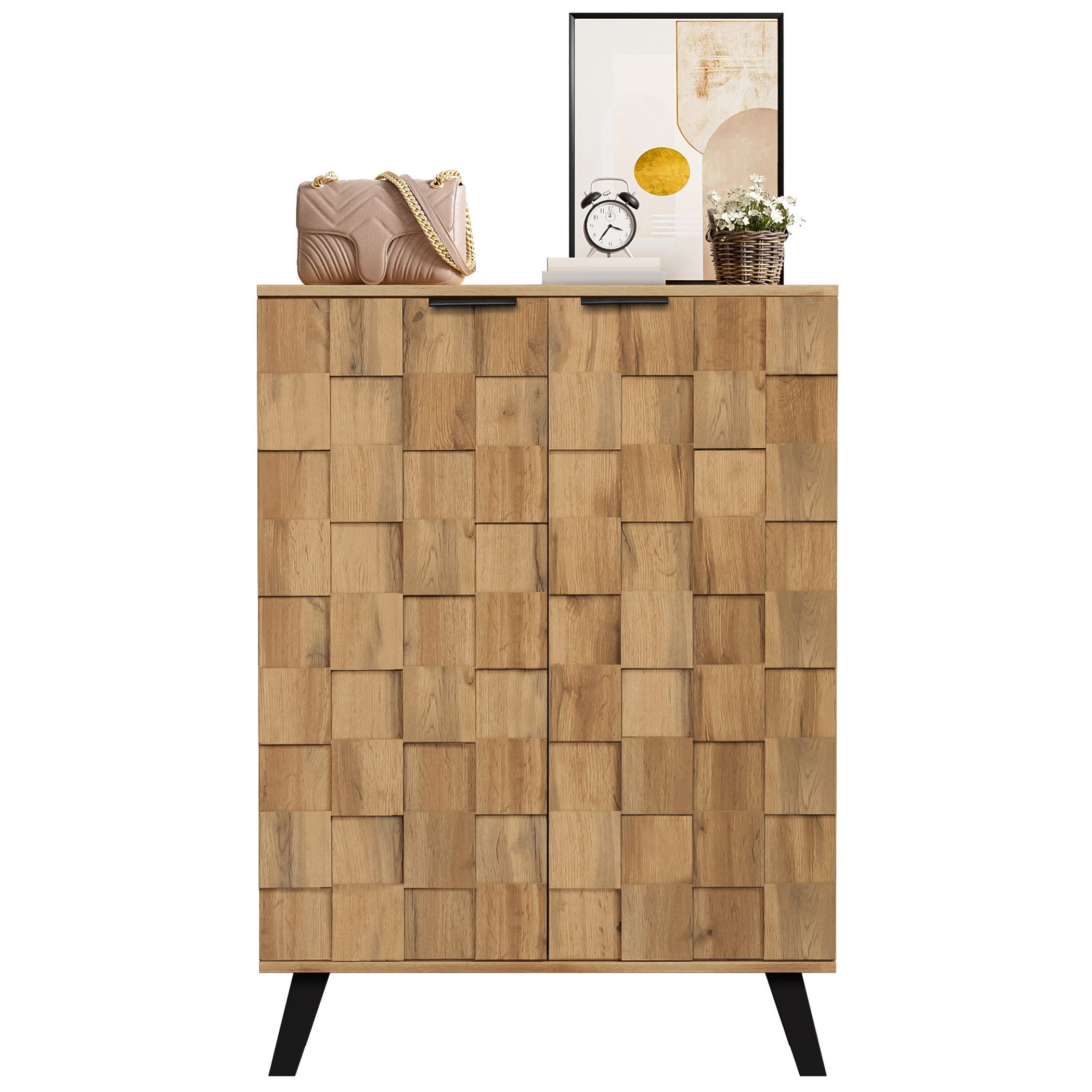 SeedWave Schuhschrank Schuhregal in Holzoptik mit Quadrat-Relief, 5 Geschlossenen Fächer 35cm Tiefe, Verstellbare Einlegeböden