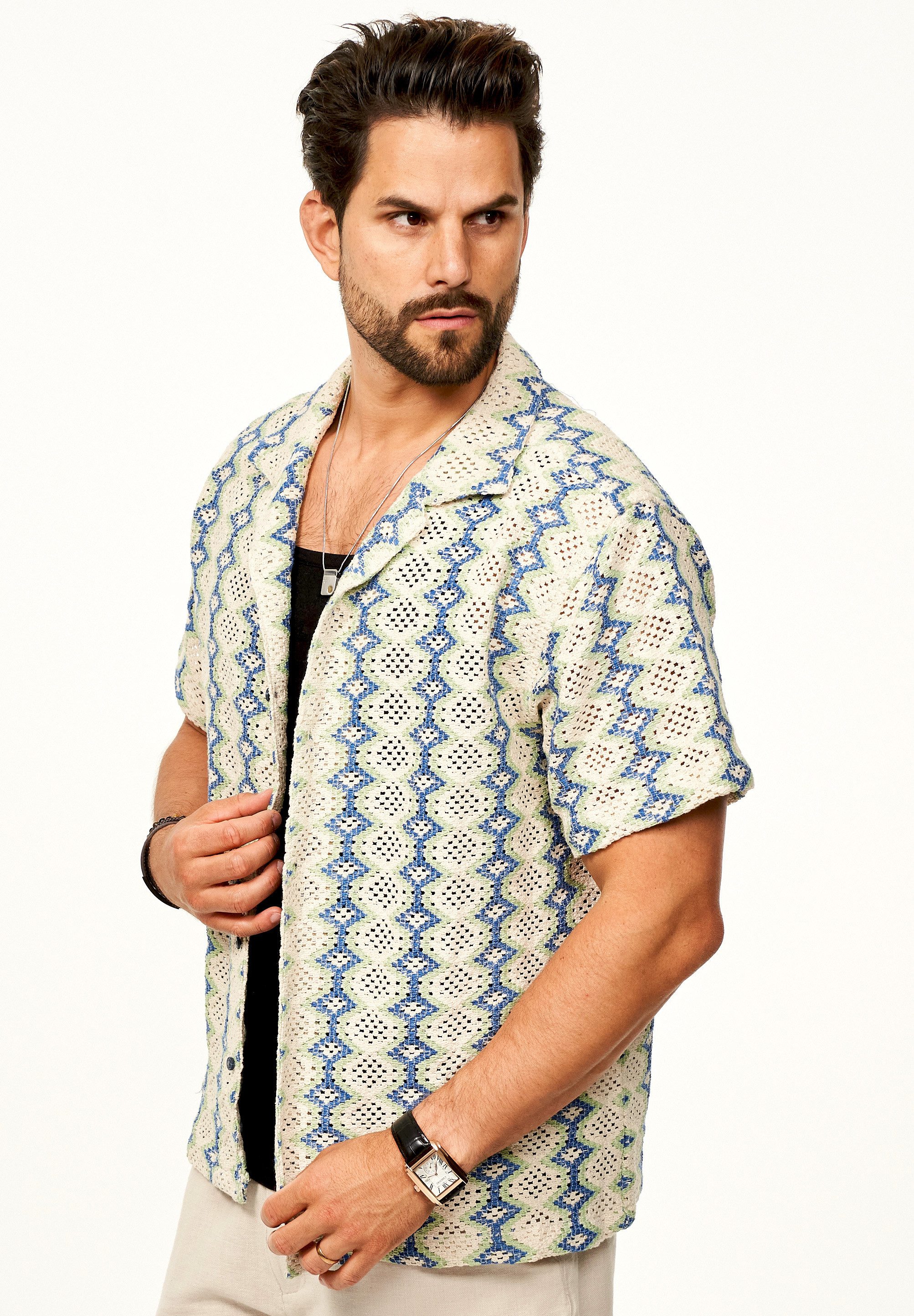 SOULSTAR Kurzarmhemd Gemustert - Freizeithemd als Kurzam Strick Festival Hemd Herren Strick Polo-Hemd T-Shirt im Regular-Fit Overshirt
