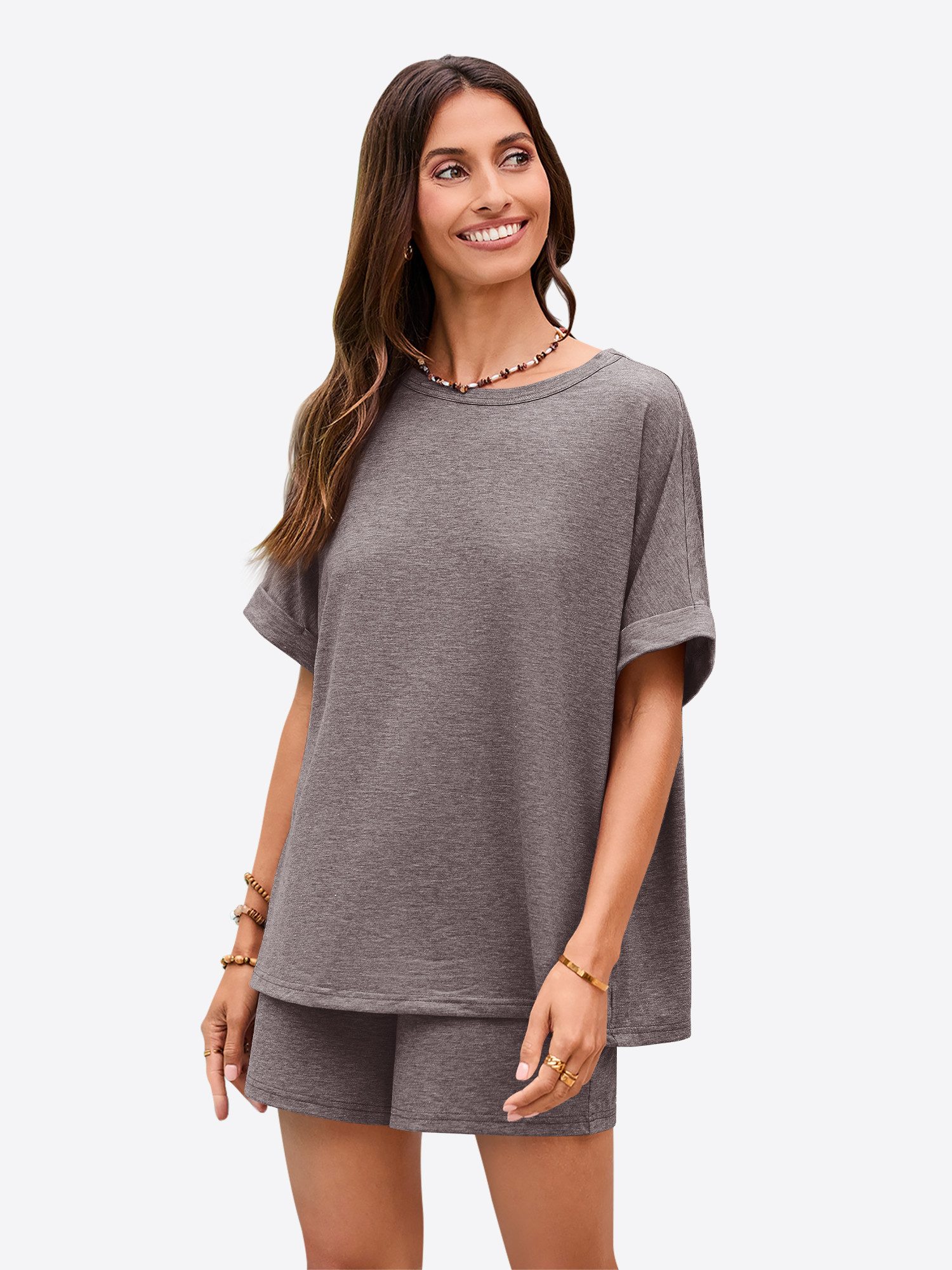 Imily Bela Hausanzug Damen 2-teilige Lounge-Sets (Set, 2 tlg., Oversized Kurzarm-T-Shirts + Shorts mit Kordelzug) einfarbig