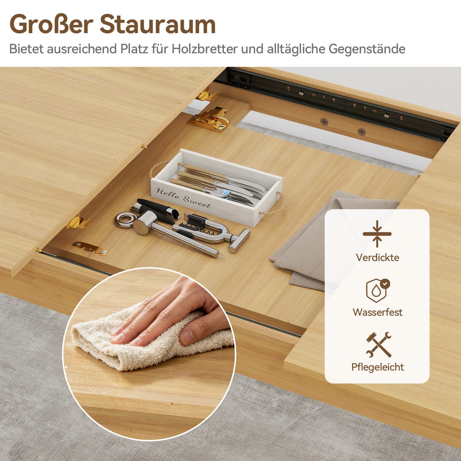 Puluomis Esstisch ausziehbar Massivholz mit Stauraum, 105-145cm verstellbar (für 2-6 Personen, 120kg tragfähig für Wohnzimmer Esszimmer natur) – Bild 2 von 5