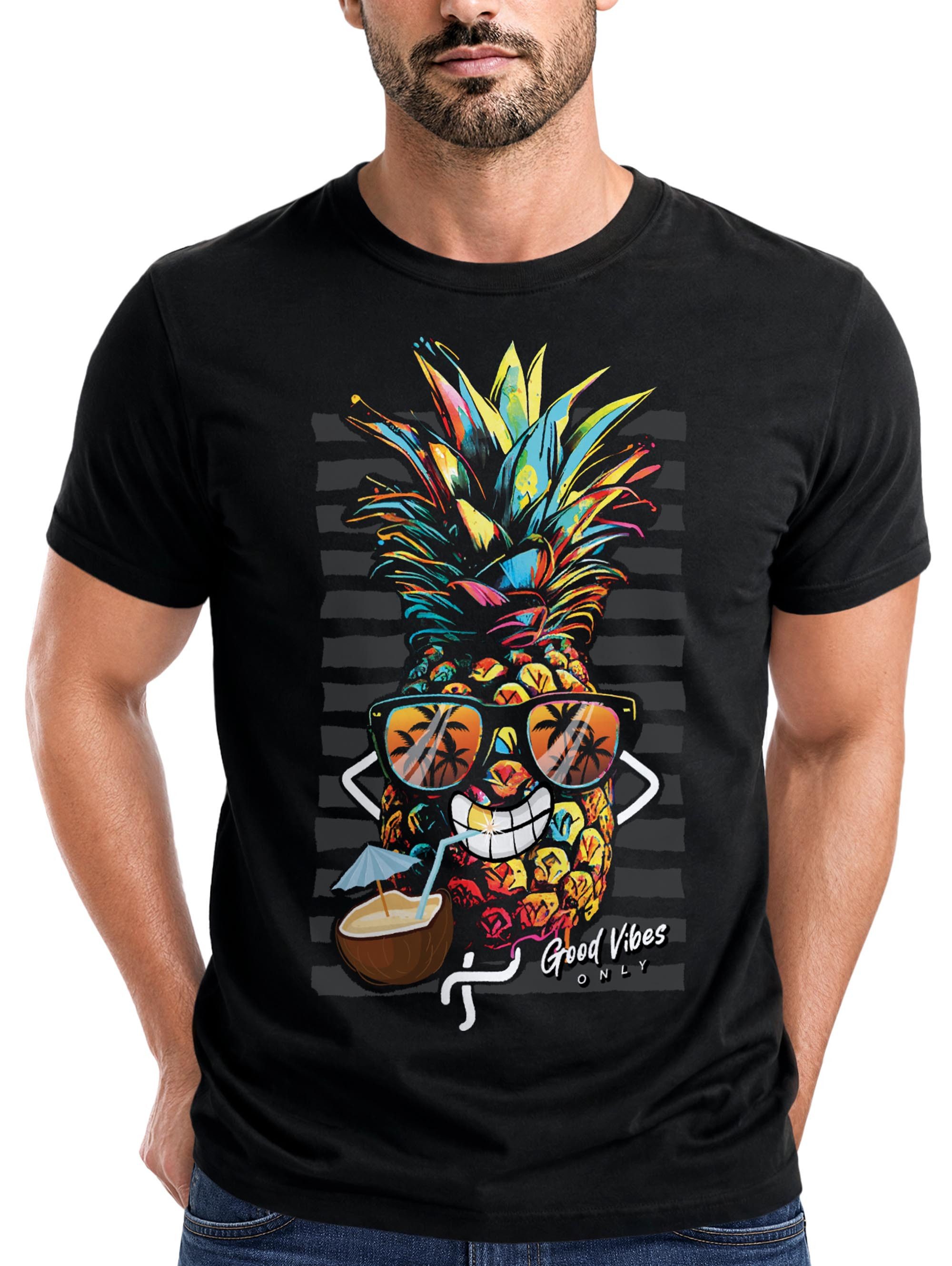 Neverless Print-Shirt Herren T-Shirt Ananas Good Vibes Sommer Sonne Party Cocktail Fashion mit Print