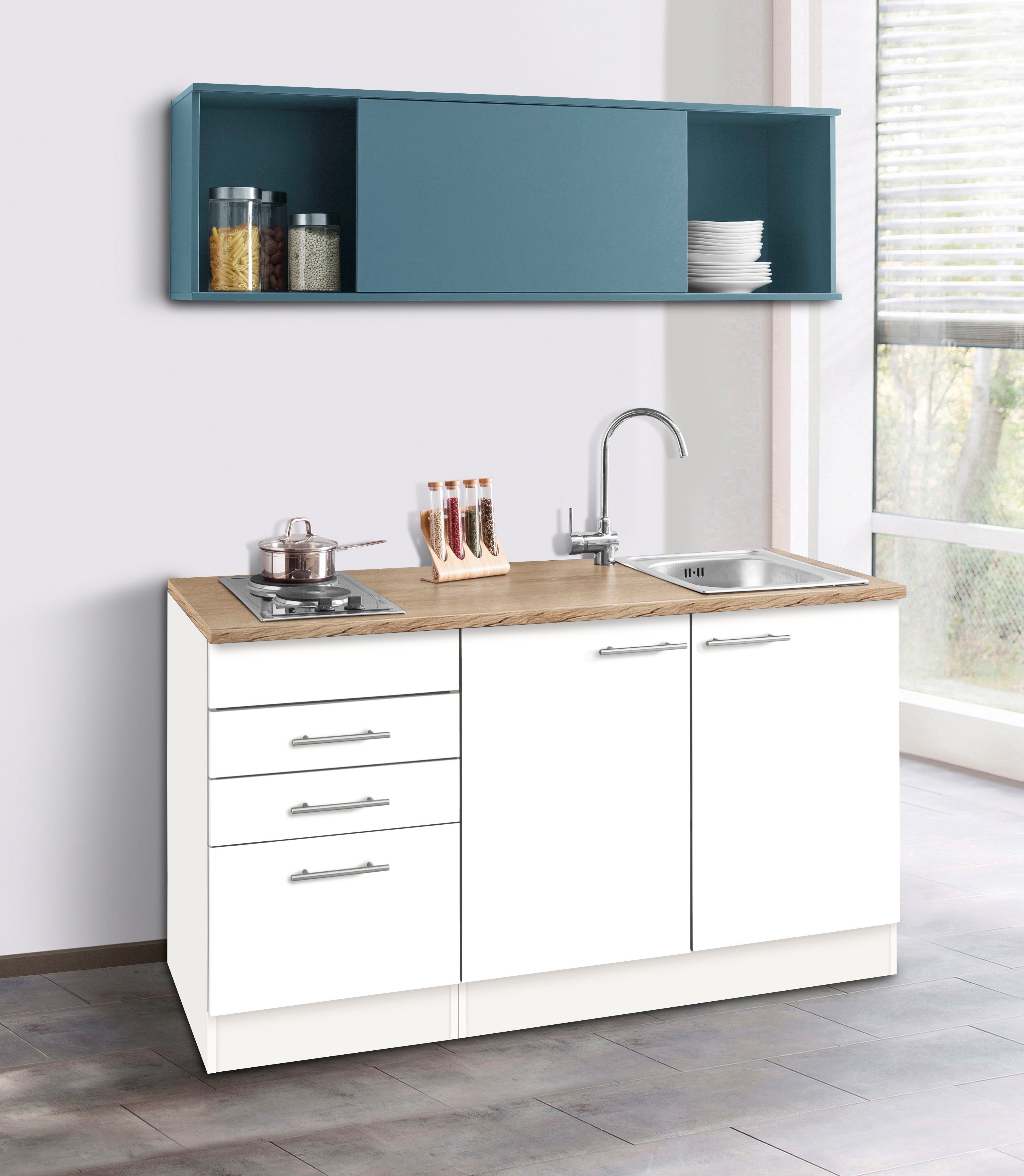 OPTIFIT Küchenzeile Mini, mit E-Geräten, Breite 150 cm weiß/blau/wildeichefarben | weiß