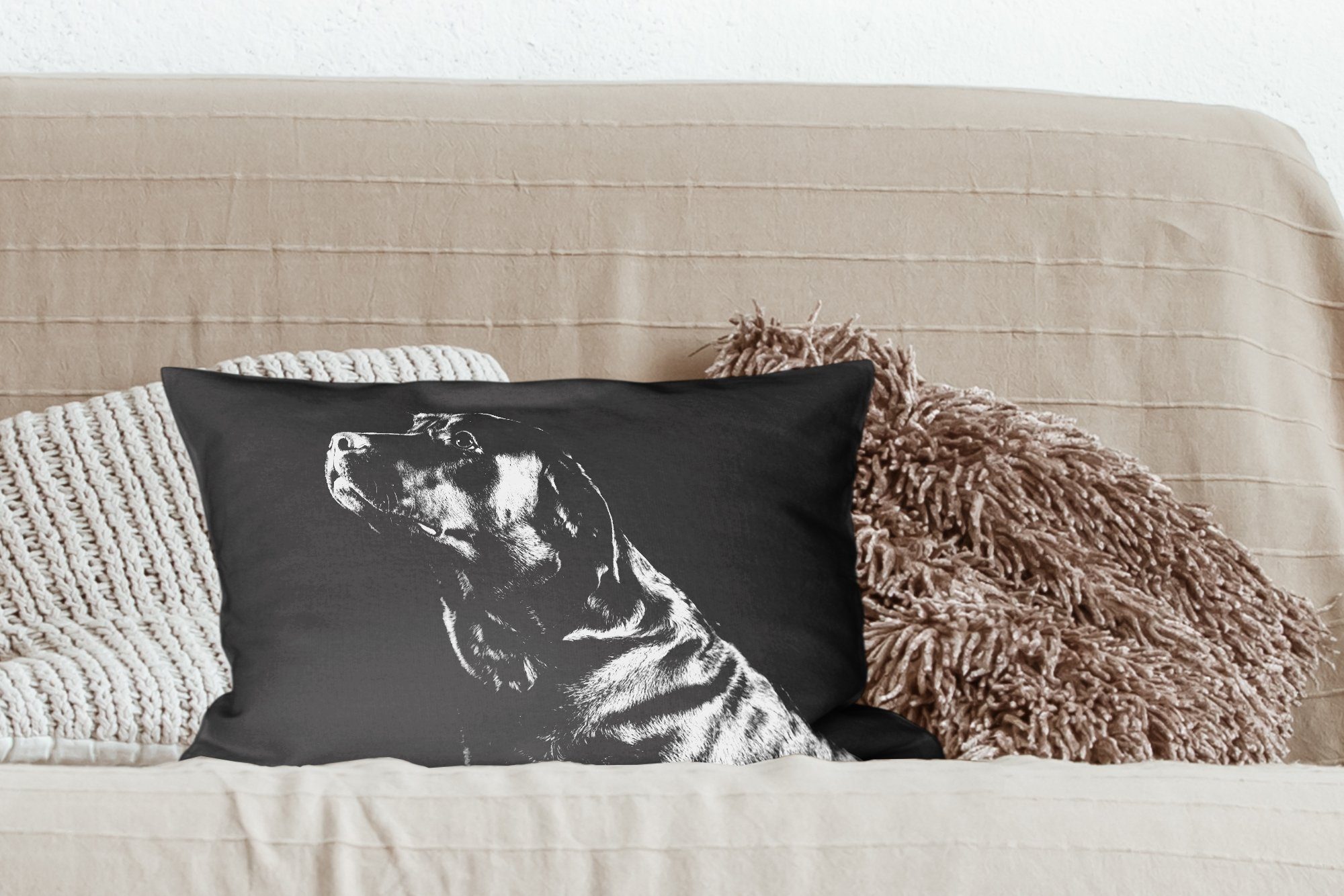 MuchoWow Dekokissen mit Hintergrund Brauner Labrador - Dekoration, auf Füllung, weiß, Schlafzimmer Dekokissen Wohzimmer schwarzem und schwarz Zierkissen