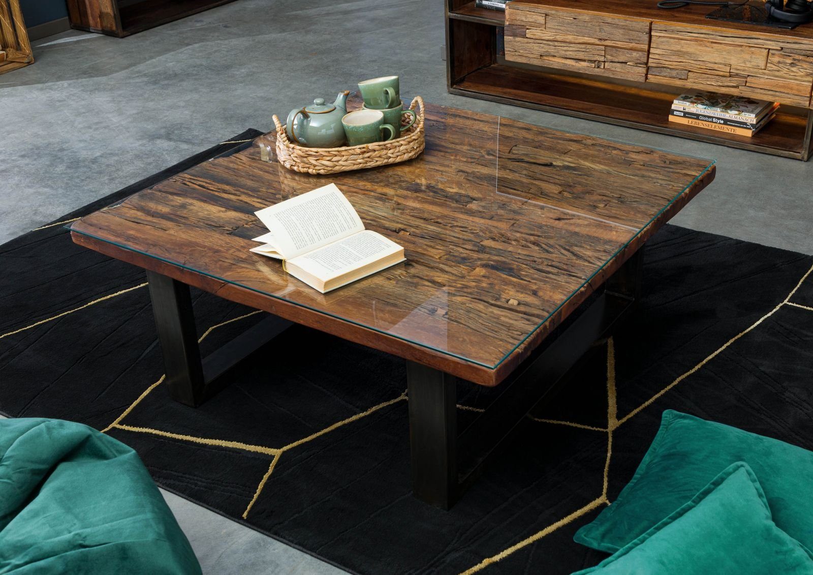 Massivmoebel24 Couchtisch SEVILLA (Massivholz, Massivholztisch), Couchtisch Altholz 100x100x42 braun lackiert CITY #28