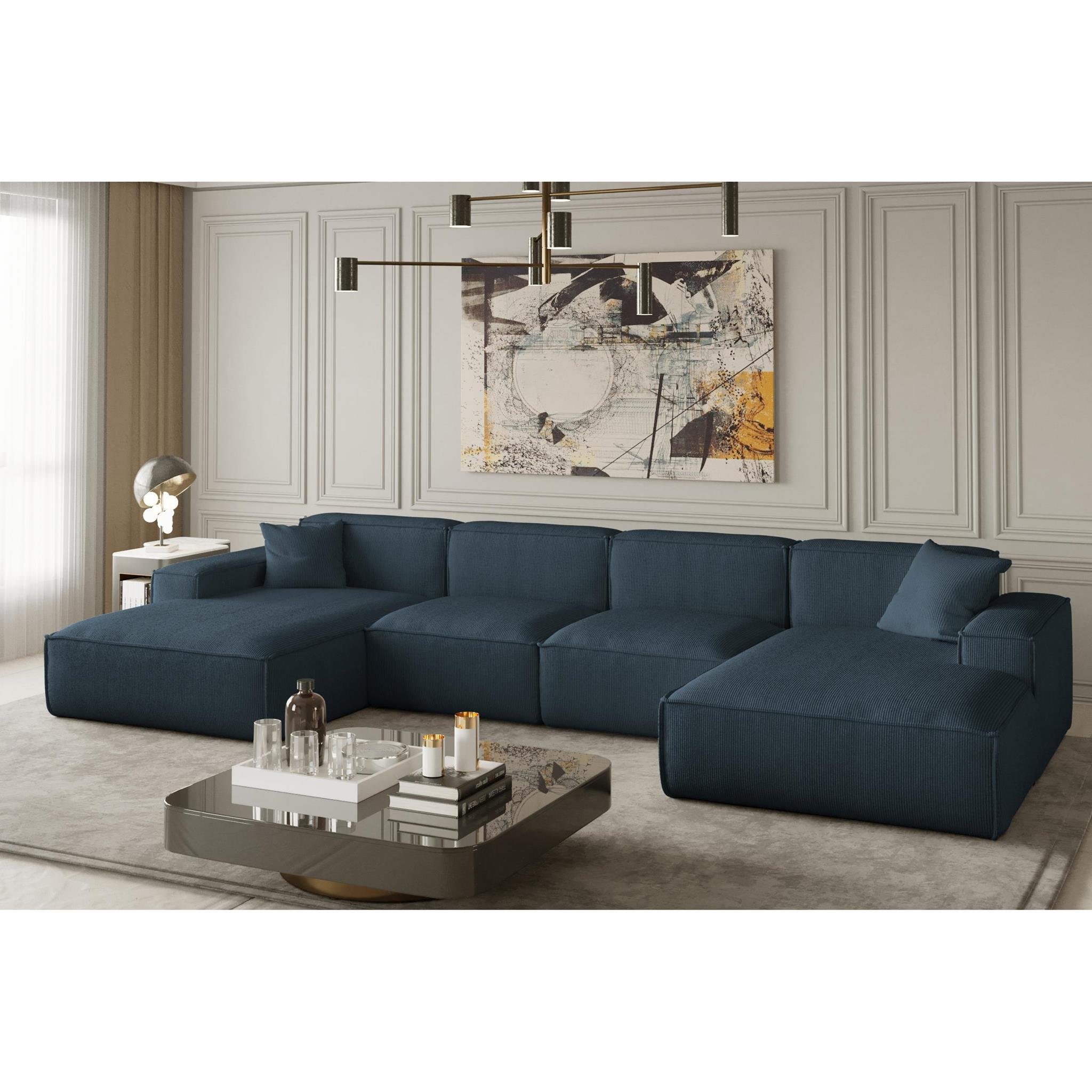 Armlehnen Velour mit U Stil, cm large, Beautysofa Lugano modernes mit im oder Cord-Bezug, breite Ecksofa Wellenunterfederung, 379 Ecke