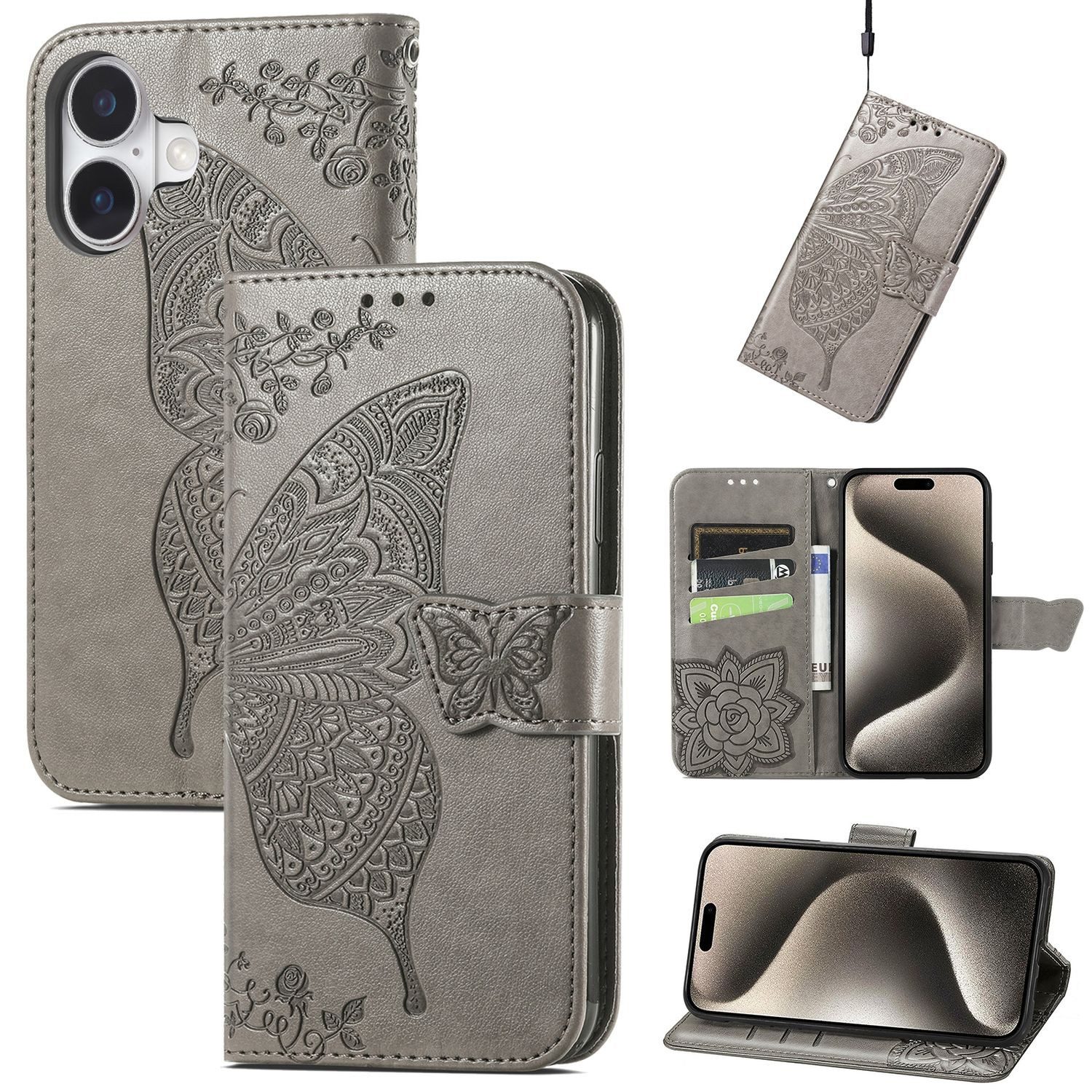 Wigento Smartphone-Hülle Für Apple iPhone 16 Kunstleder Wallet Schmetterling Hülle Case Grau, Kunst-Leder Schutzhülle Smart Case Cover magnetischer Verschluss