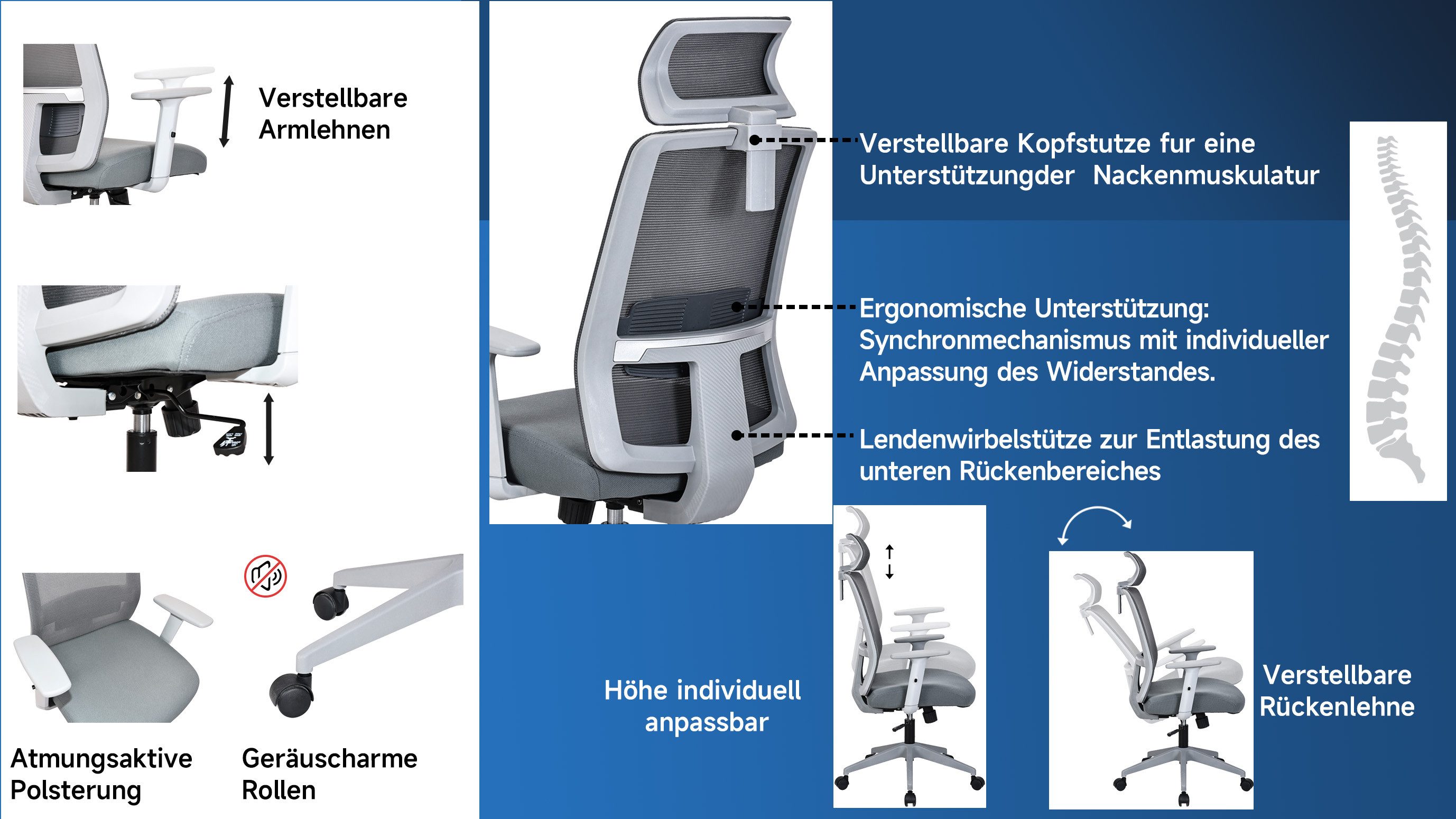 OTTO home Bürostuhl Tallard, Mesh Schreibtischstuhl, ergonomische Ausstattung, verstellbare Kopfstütze, Lumbalstütze & Armlehnen