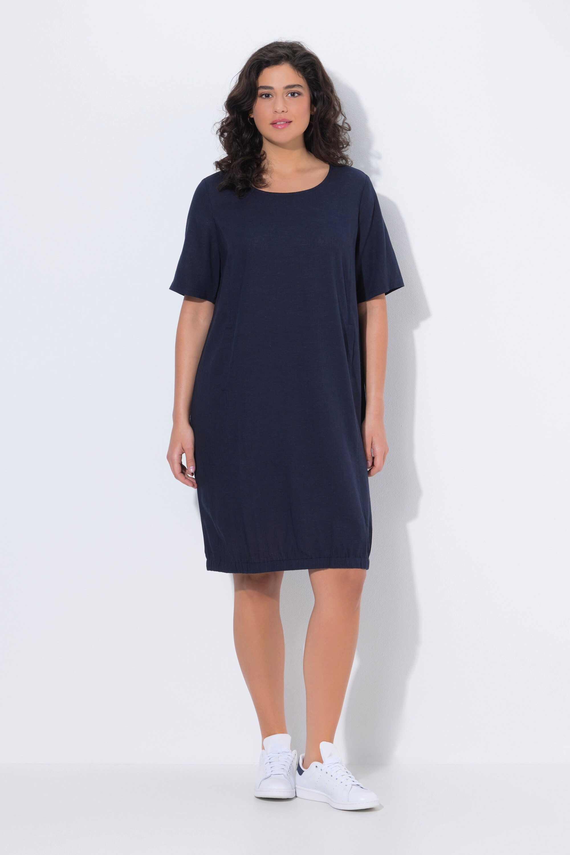 Ulla Popken Midikleid Leinenmix-Kleid A-Linie Rundhals Halbarm Taschen günstig online kaufen