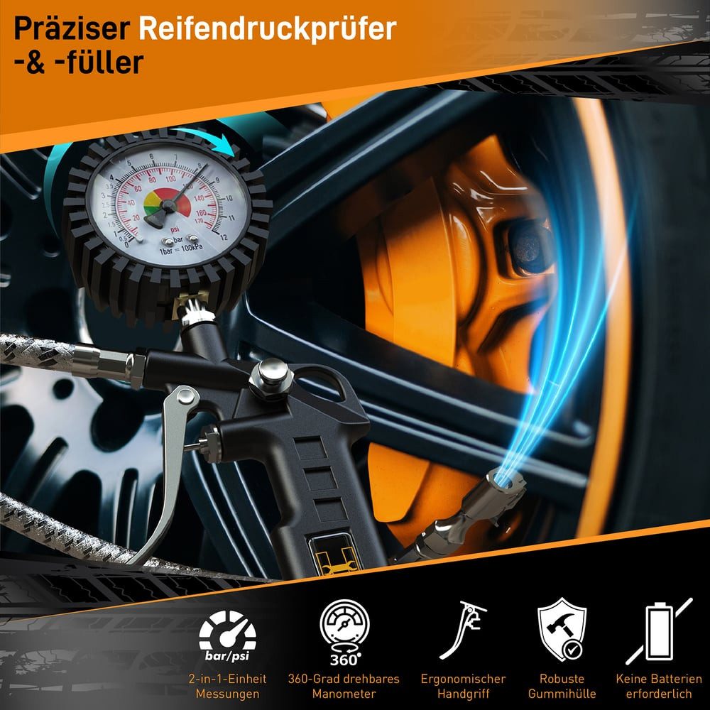 Hardtwerk® Tire Inflator Gauge, 360° Rotatable, One-Hand Operation, for Cars, Trucks, Motorcycles, Bicycles, Optimal Tire Pressure Measurement, 2 Units