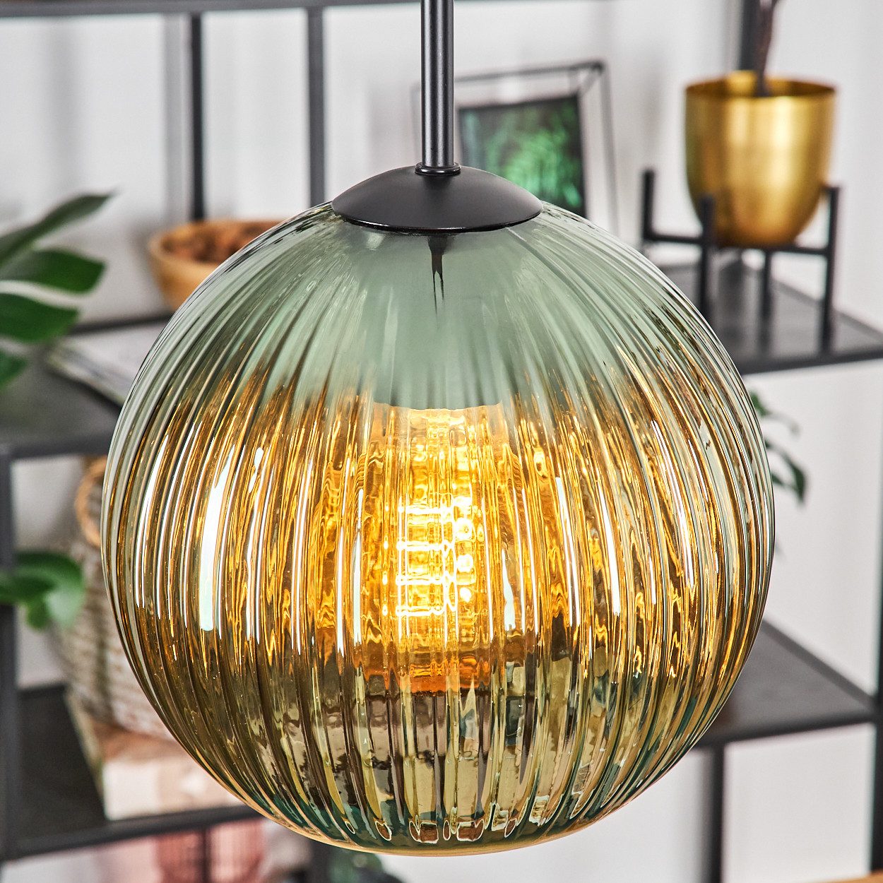 hofstein Hängeleuchte Hängelampe aus Metall/Riffelglas in Schwarz/Grün, Pendelleuchte im Retro/Vintage-Design (Schirm Ø 20 cm), 1 x E27