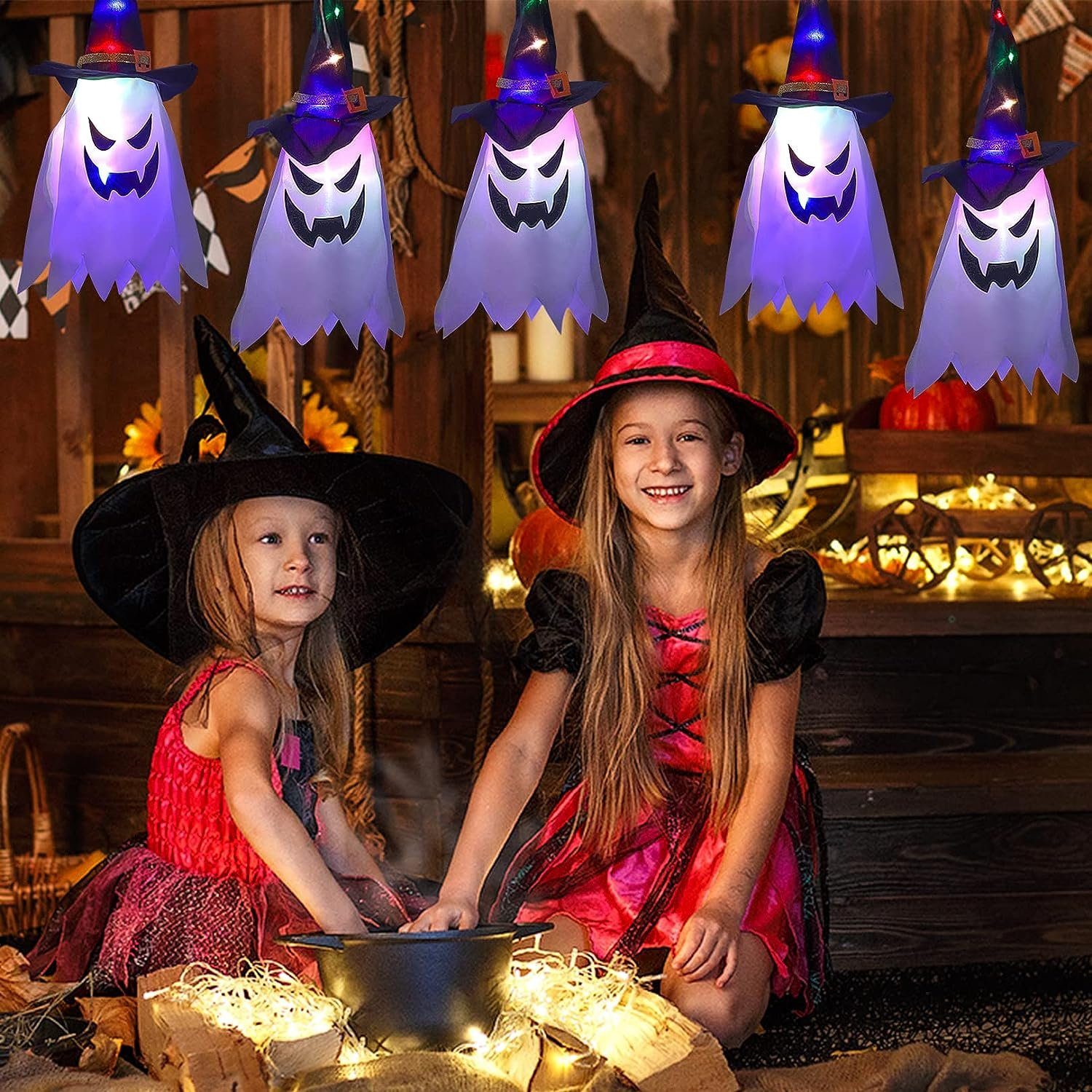 Merry 2024 Hängedekoration Halloween Deko Lichter Geister Hexenhut Halloween Lichterkette LED (1 St), Batteriebetriebene,für Halloween Garten,Hof,Zuhause,Baum D – Bild 3 von 5