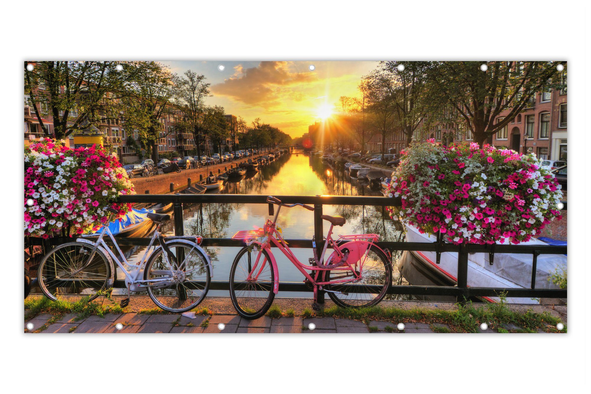 MuchoWow Balkonsichtschutz Amsterdam - Blumen - Brücke - Fahrrad - Sonnenuntergang (1-St) Balkon Sichtschutz 90x200, Windschutz für Zaun PVC, 200x90 cm