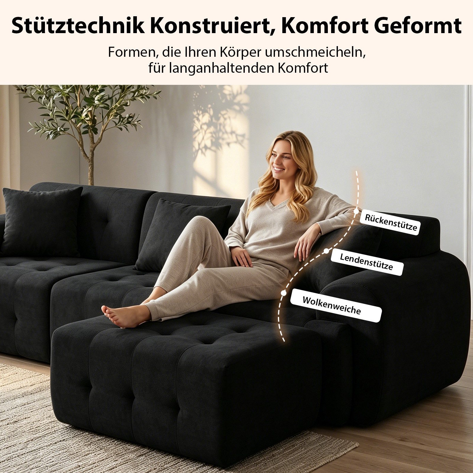 COMHOMA Sofa Ecksofa, Modulares Sofa, 2 Sitzer Bodensofa Couch mit Kissen Armlehne, für Wohnzimmer, vakuumverpackt