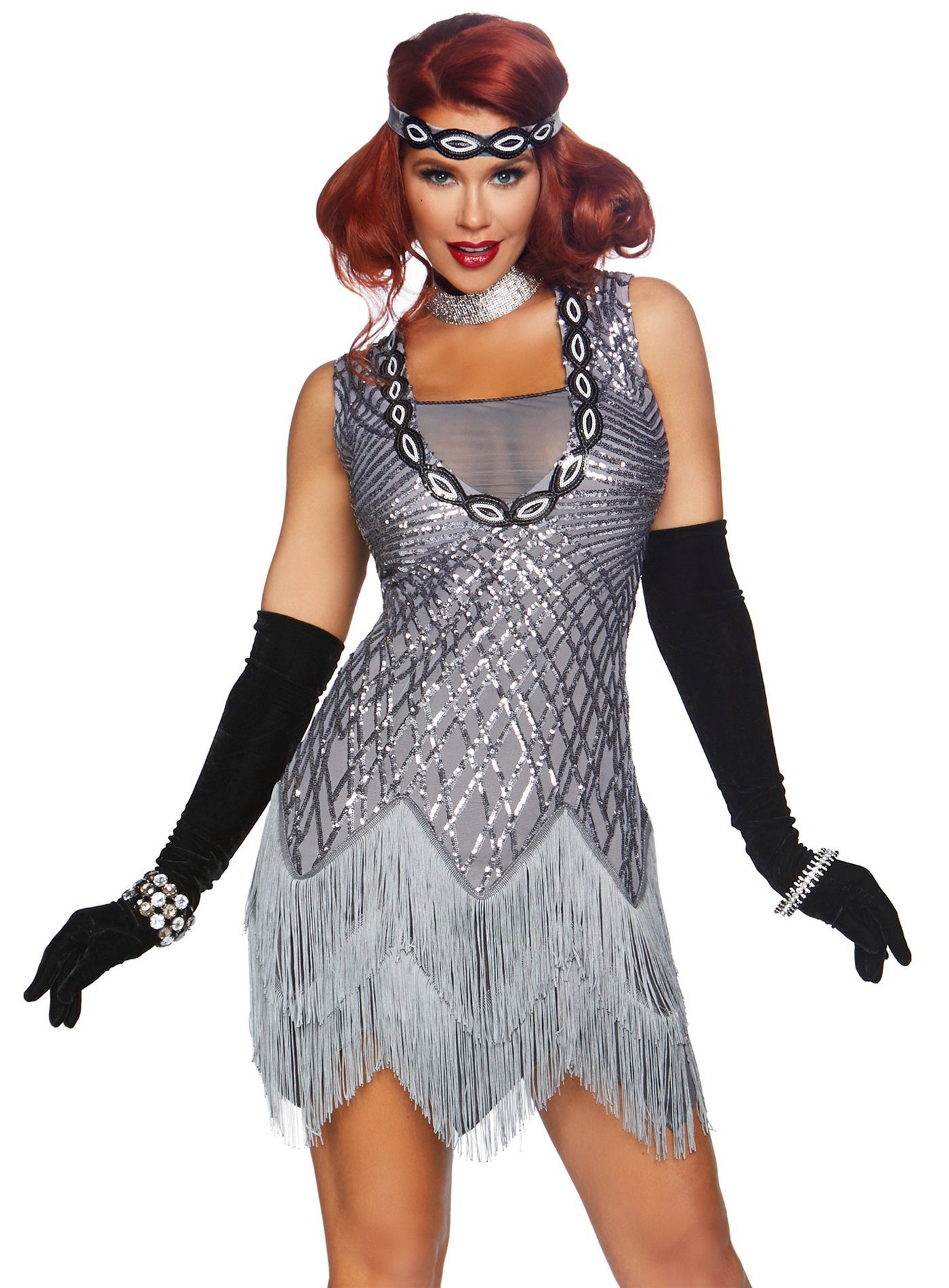 Leg Avenue Kostüm Silbernes Charleston Kleid, Flapperkleid für 20er Jahre Mottopartys