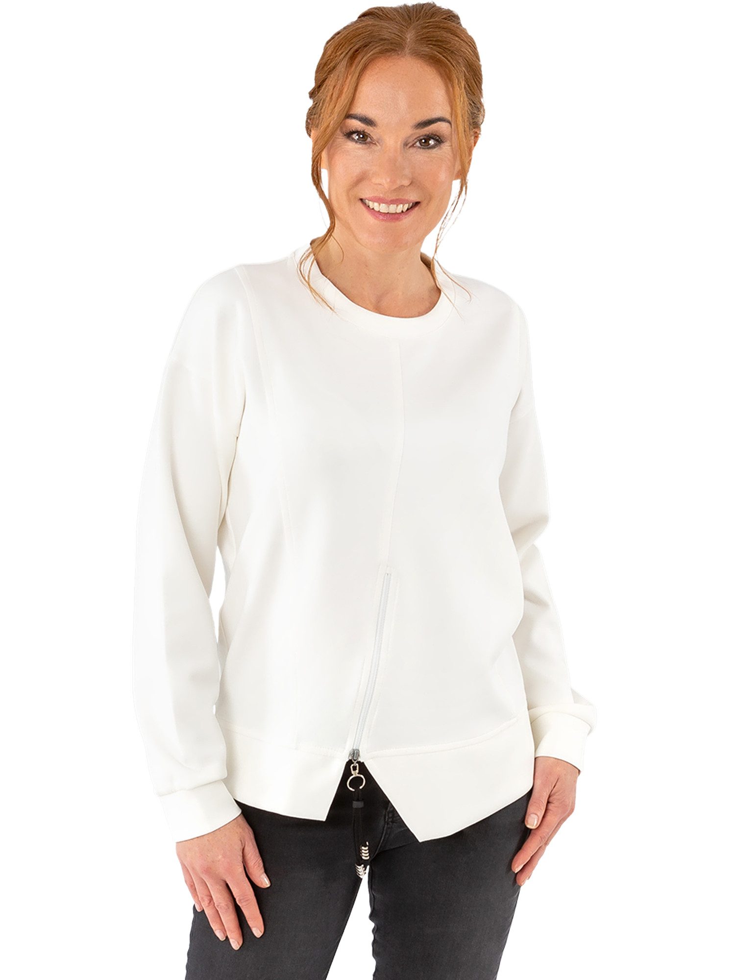 Estefania for woman Rundhalspullover 196-7219, mit Zip und Ziernähten asymmetrischer Saum