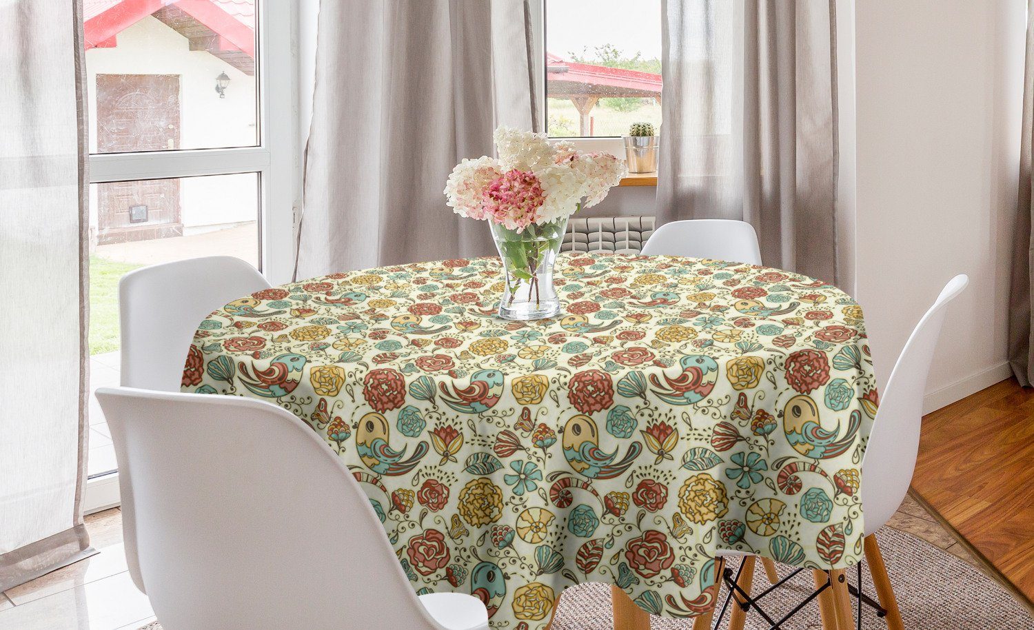 Abakuhaus Tischdecke Kreis Tischdecke Abdeckung für Esszimmer Küche Dekoration, Blumen Vögel und verschiedene Blumen