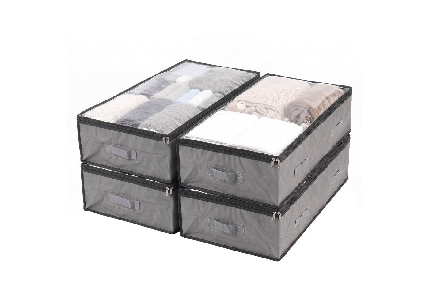 Sekey Unterbettkommode Unterbett Aufbewahrung Aufbewahrungstasche 110L mit Deckel, faltbar (4 St), Für Kleidung, Bettwäsche Decken transparent mit Doppelreißverschluss