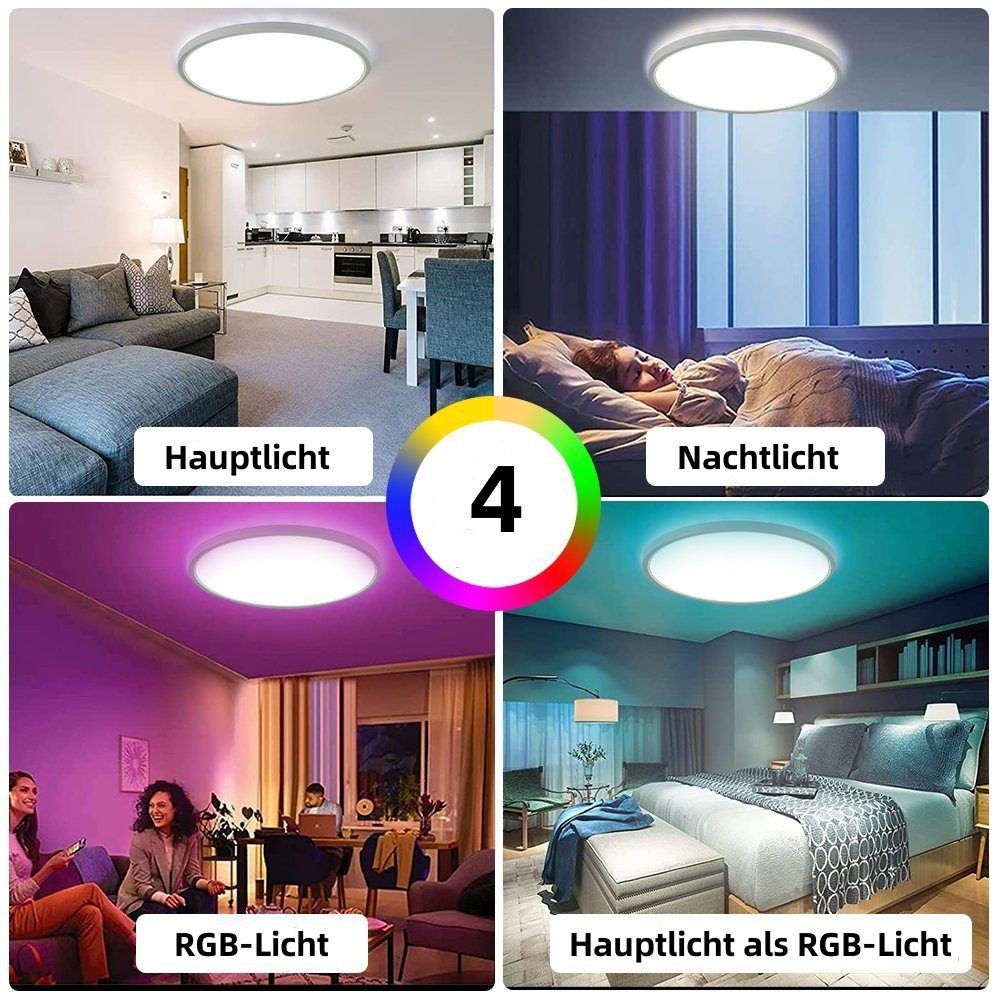 Deckenleuchte mit Fernbedienung iscooter RGB Deckenlampe, für Wohnzimmer 3000K-6000K-4500K-Nachtlicht-RGB, Kinderzimmer 24W LED Schlafzimmer Dimmbar,