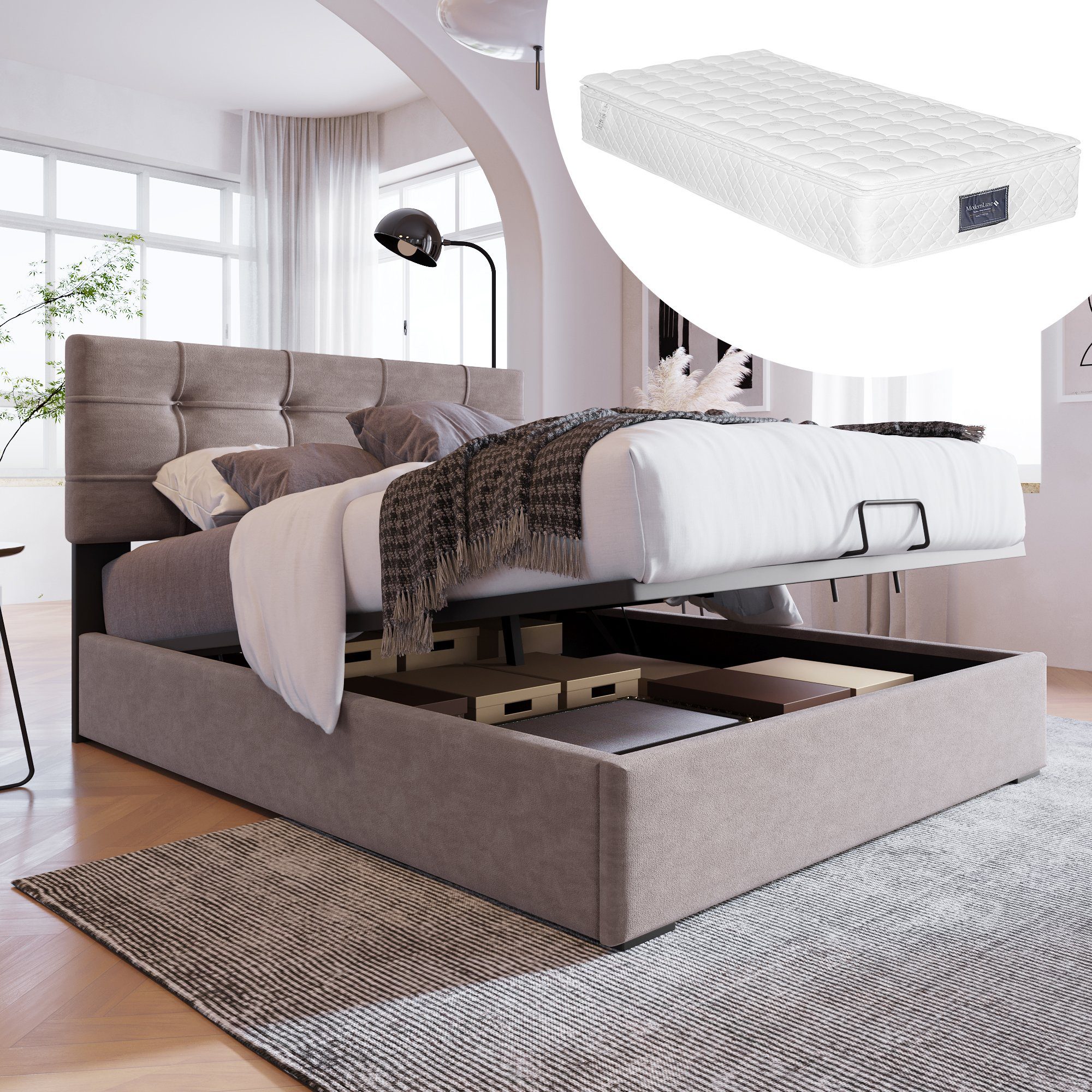 Boxspringbett (Funktionsbett, Einzelbett mit Bettkasten, Lattenrost und verstellbarem Kopfteil), Polsterbett hydraulisches Bett 90x200 cm, Bezug aus Samt