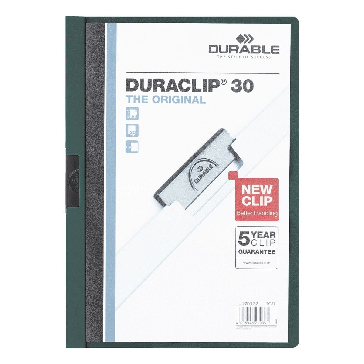 DURABLE Hefter Duraclip 30, mit Klemmfunktion, Format DIN A4, bis 30 Blatt dunkelgrün