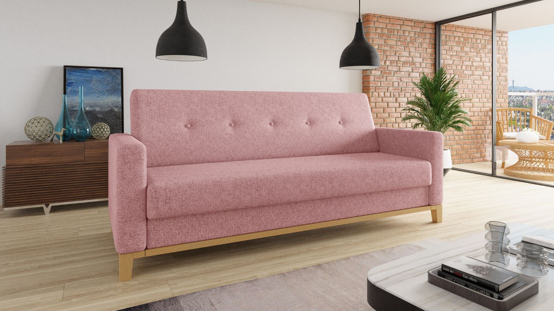 Sofnet Schlafsofa Wood, mit Schlaffunktion und Bettkasten, Bettsofa mit Holzfüße und Wellenfeder, Schlaf Couch
