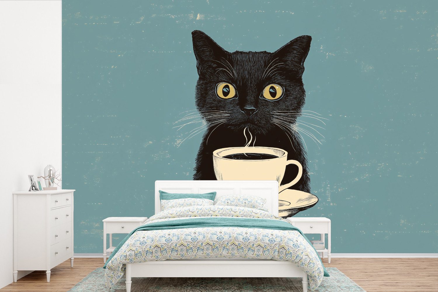 MuchoWow Fototapete Katze - Schwarz - Kaffee - Minimalistisch, Matt, bedruckt, Wallpaper für Wohnzimmer, Schlafzimmer, Vinyl Tapete, 390x260 cm