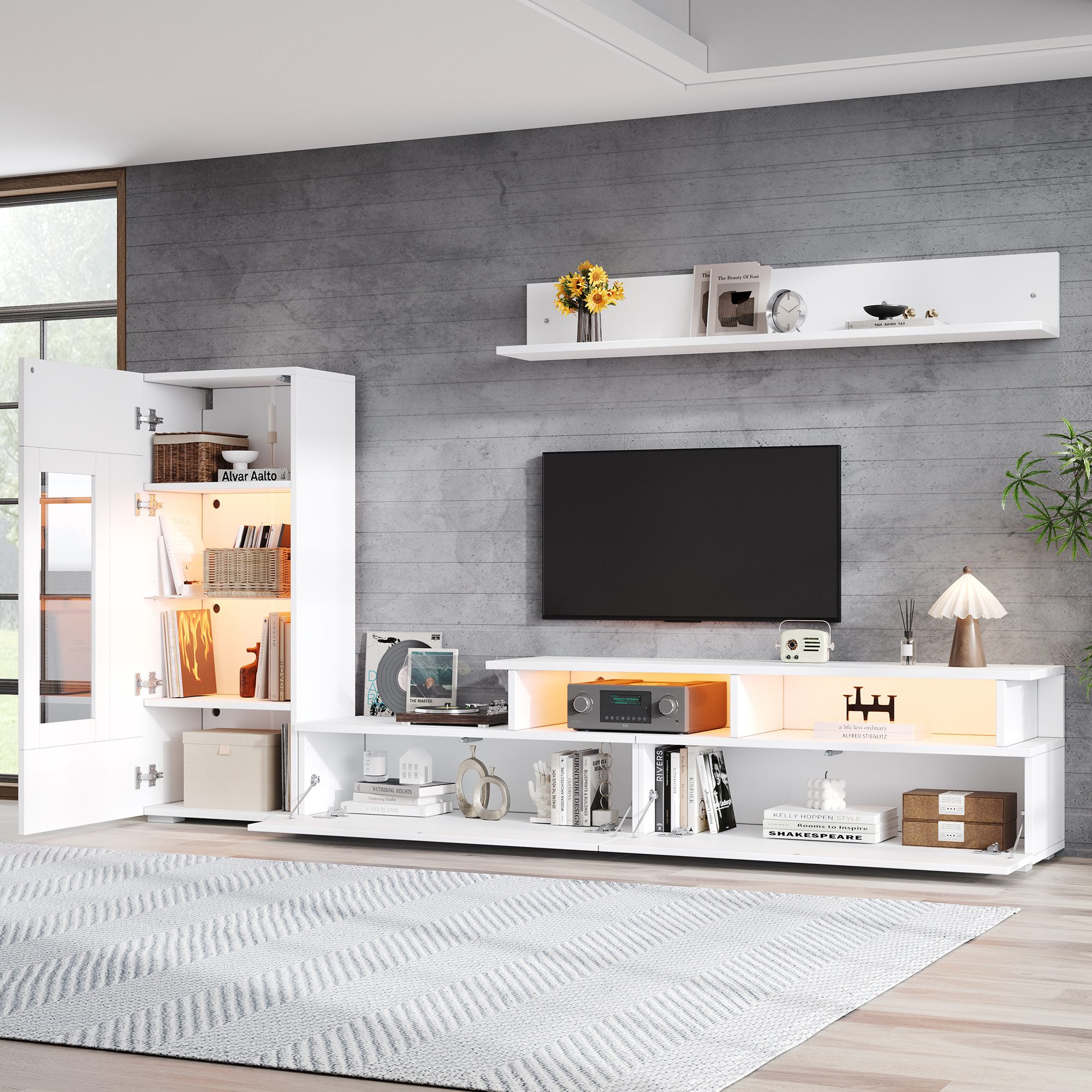 STILVORA Wohnzimmer-Set hochglanz TV Schrank bis 75' Vitrine Hängeregal mit LED Licht Weiß, (Packung, 1-St., mit 1 x TV Schrank, 1 x Wohnzimmer Vitrine, 1 x Hängeregal), mit 6 geschlossenen und 2 offenen Fächern