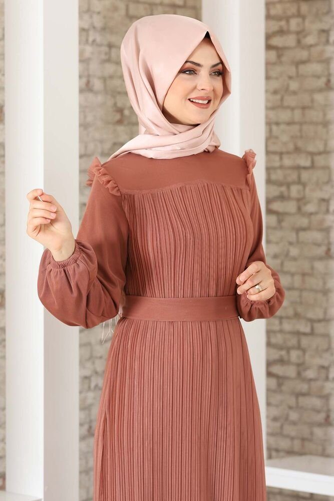 Falten-Optik Abiye Abendkleid Abaya Kleid mit Koralle Modavitrini Schulterdetail, Schulterdetail Hijab Lady Damen Kleid