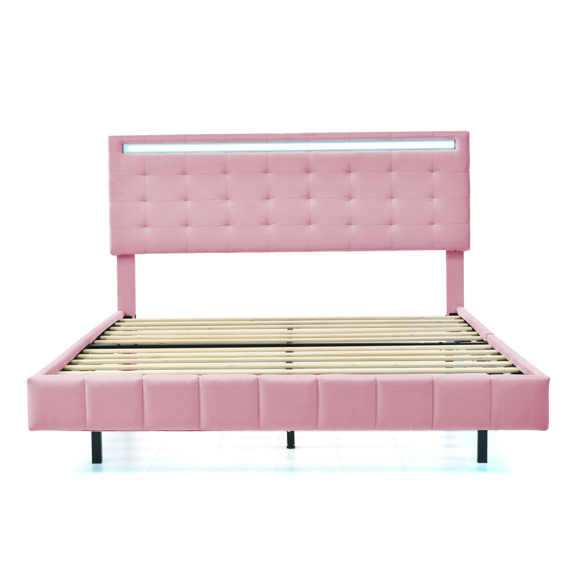 Polsterbett (LED Doppelbett), mit USB Ladefunktion und höhenverstellbarem Kopfteil 140x200cm, Leinen