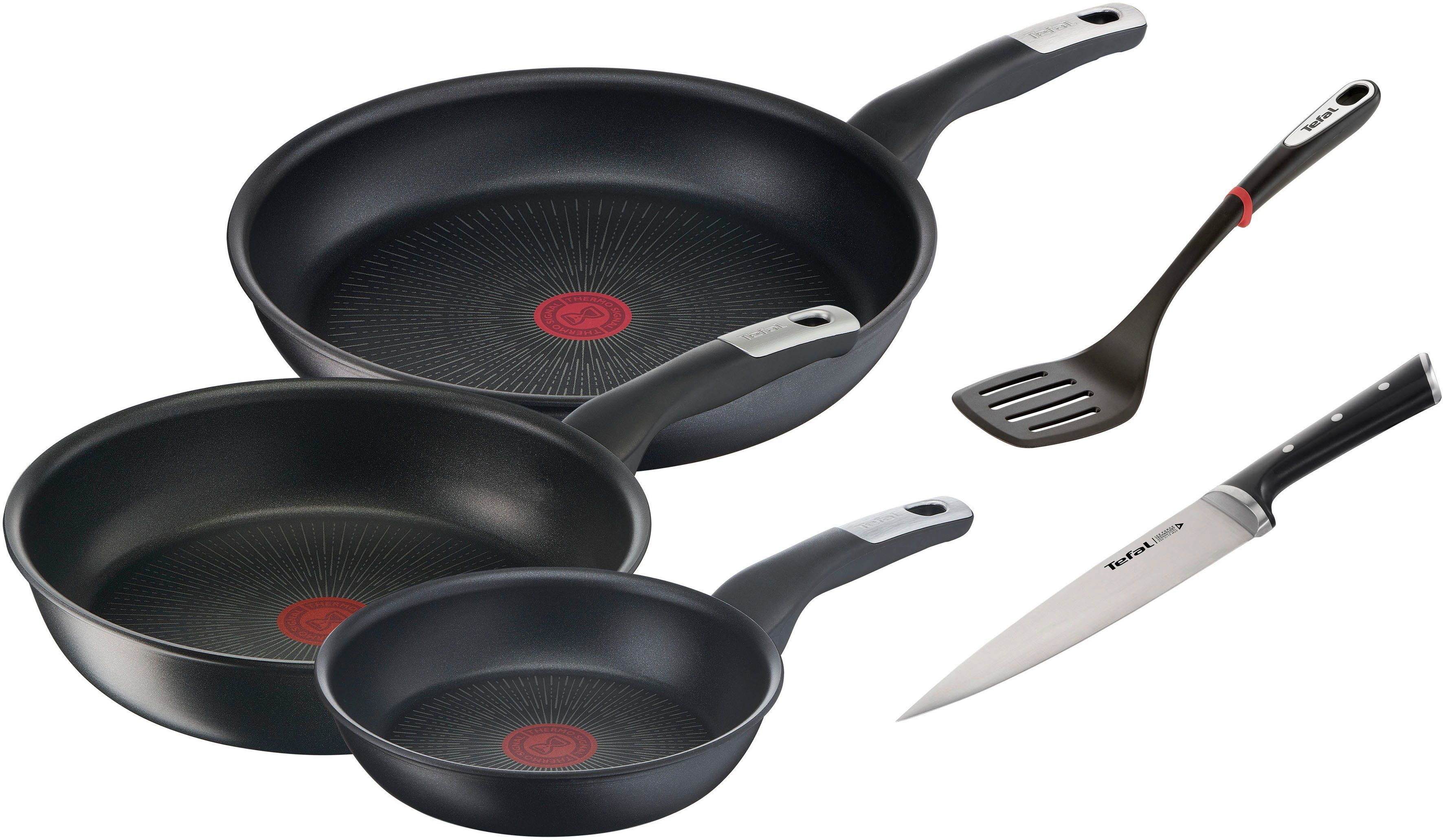 Tefal Pfannen-Set Unlimited Ice Force, Aluminium (Set, 5-tlg., je 1 Pfanne Ø 24/28 cm, Wok Ø 28 cm, Kochmesser, Bratwender), kratzfeste Antihaftversiegelung, Thermo-Signal, inkl. Zubehör