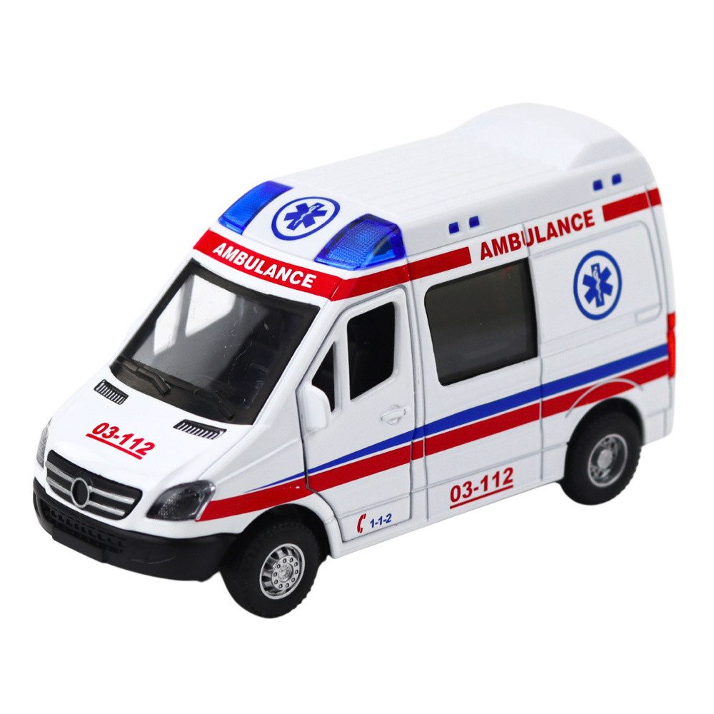 LEAN TOYS Spielzeug-Krankenwagen Rettungswagen Einsatzfahrzeug Modellauto, (Spar-Set, 1-tlg., 12,5x6,5x5,5 cm robust), Rückzugmotor, Licht & Sound, Türen öffnen
